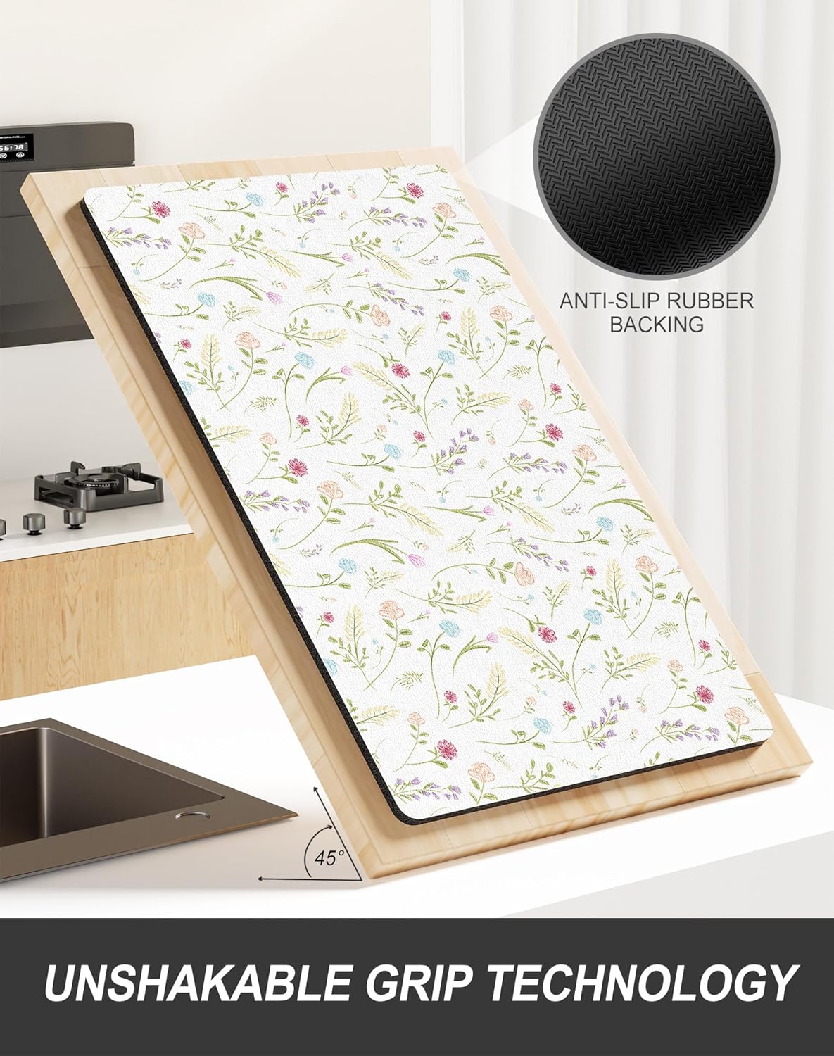 Rnivvi Dish Drying Mat for Kitchen Counter, XL 15 x 24" Cute Flower Theme Absorbent Draining Pad, Non-Slip Heat Resistant Coffee Bar Mat for Coffee Machine Station Accessories, White Dish Rack Pad