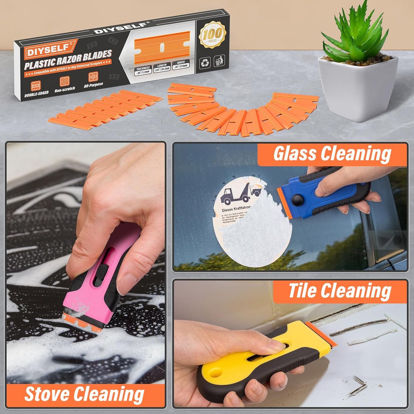 DIYSELF 100 Pack Plastic Razor Blades, Blade Refill for Plastic Razor Blade Scraper, Durable Plastic Blades for Cleaning Adhesives, Glass, Metal, and Floors, Plastic Scraper Blades