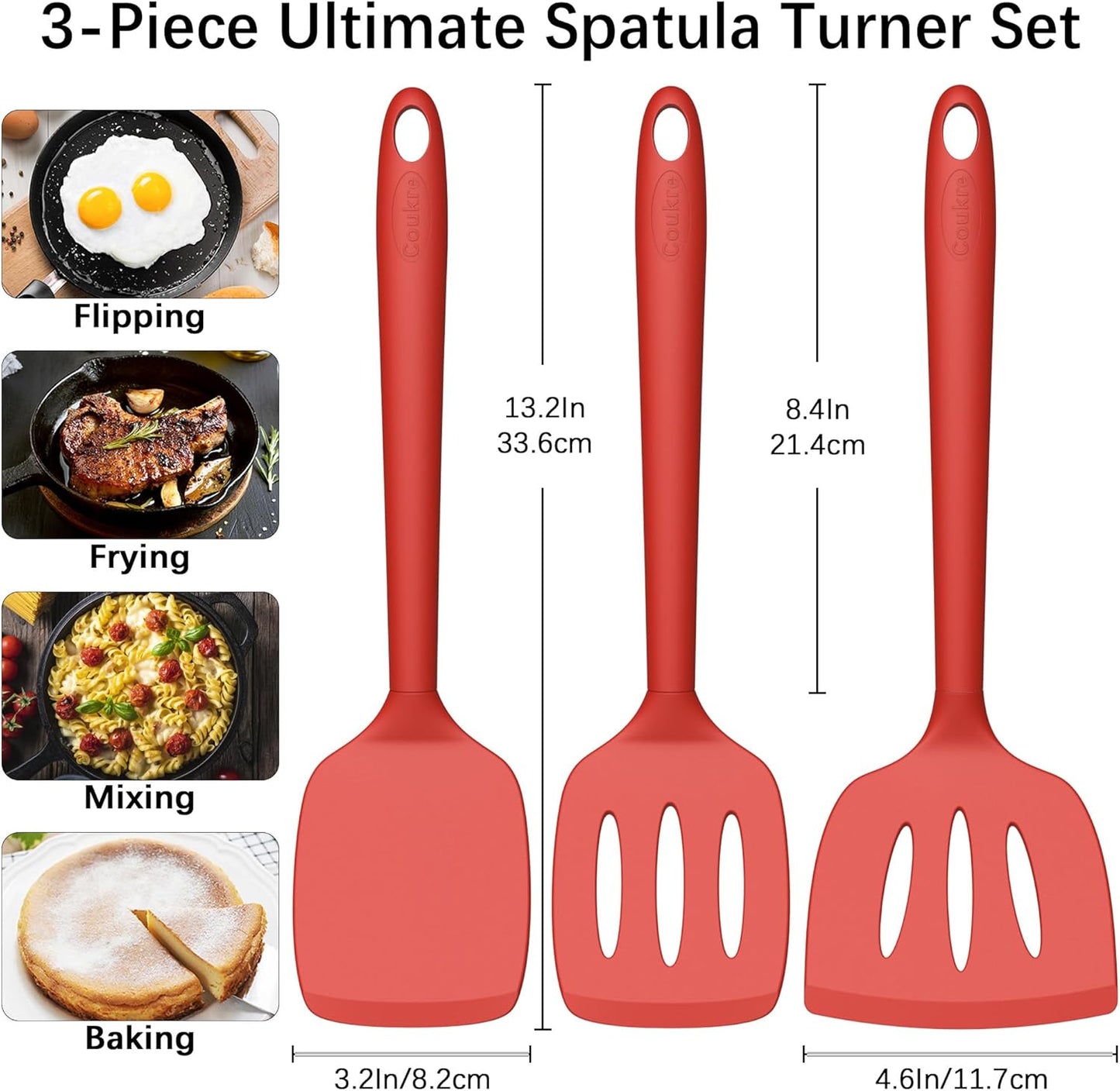 Coukre Silicone Spatula Set of 3, High Heat Resistant, BPA-Free, Kitchen Utensils, Fish Spatula, Solid & Slotted Turner for Non-Stick Pans, Flipping Eggs, Pancakes, Fish, Burgers (3, PureRed)
