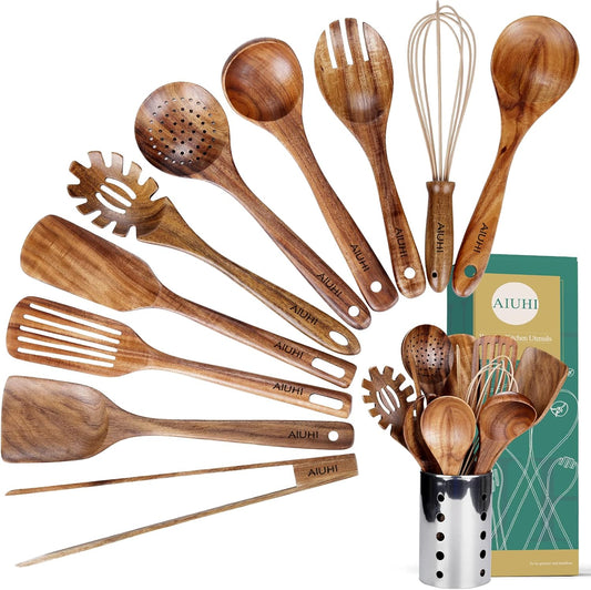 Kitchen Utenails Set with Holder,Kitchen Wooden Utensils for Cooking, Wood Utensil Natural Teak Wood Spoons for Cooking,Wooden Kitchen Utensil Set With Spatula and Ladle (11)