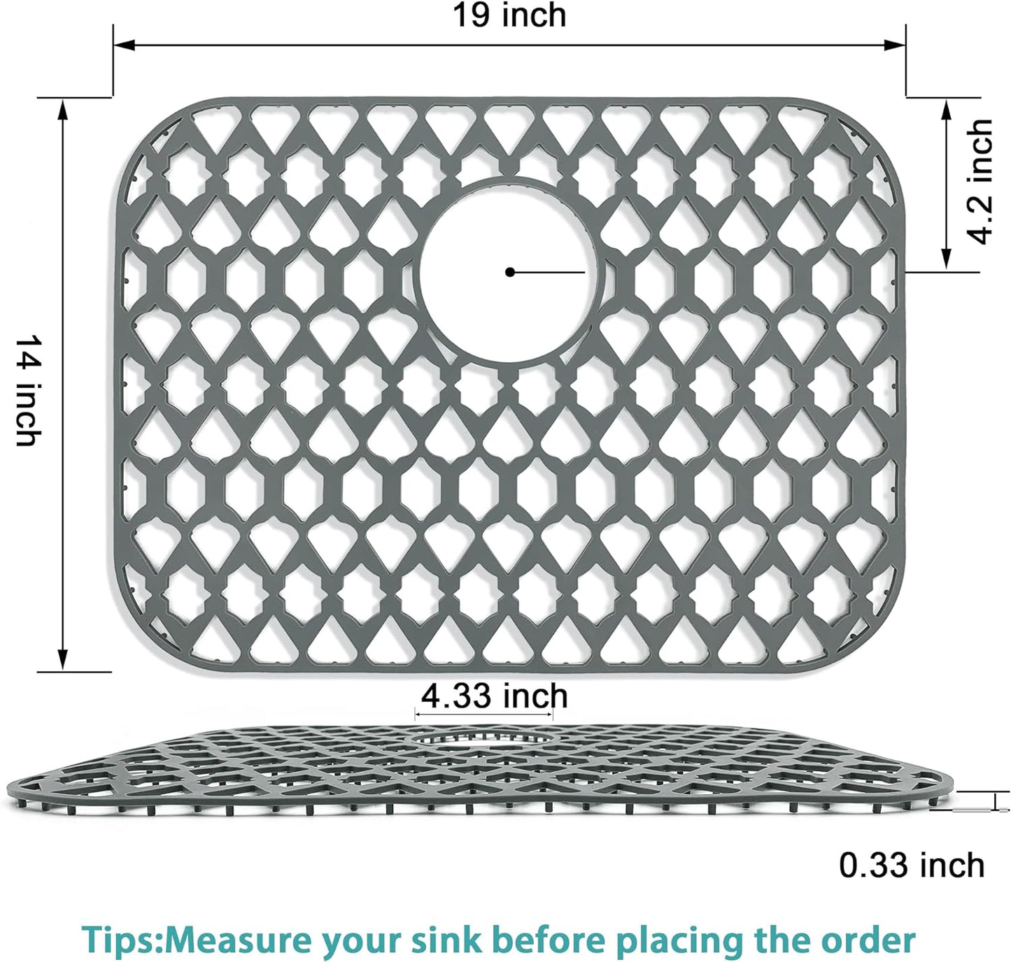 Sink Protectors for Bottom of Kitchen Sink 13x11 &16x12 &21x16 &22x13 &24x13 &26x14 &28x14 &30x16, Large Farmhouse Silicone Mats Grid (19”x14”, Rear Drain)