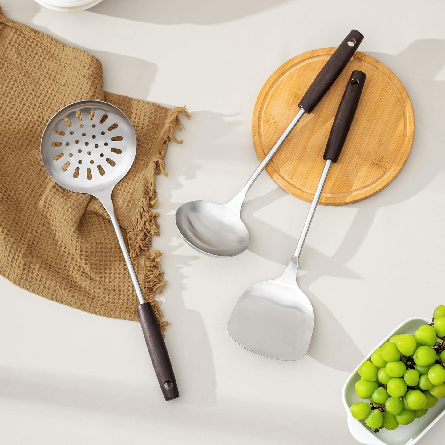 FJNATINH Wok Spatula and Ladle Skimmer Spoon - Stainless Steel Cooking Utensils Set of 3,Kitchen Wok Utensils Set