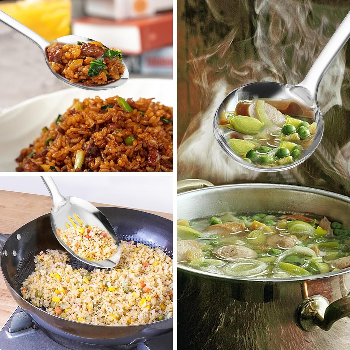 14-in Cooking Spoons Set, Heavy Duty 18/0 Stainless Steel Large Serving Spoons Set, Slotted Spoon, Cooking Spoon & Soup Ladle, Commercial and Residential Use, Pack of 3