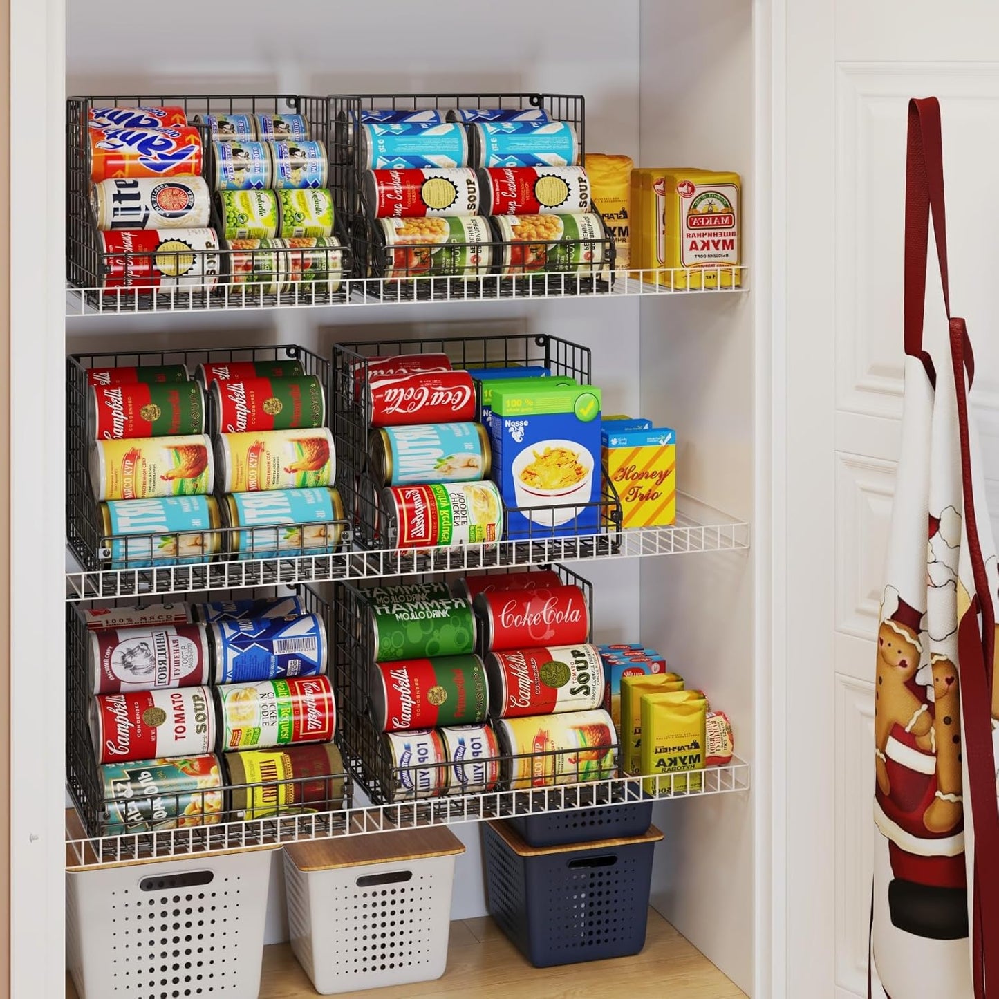 4 Pack Stackable Can Organizer for Pantry with Adjustable Dividers, Soda Can Organizer, Can Storage Dispenser Holds up to 56 Cans, Metal Wire Baskets Can Holder for Kitchen Cabinet Pantry