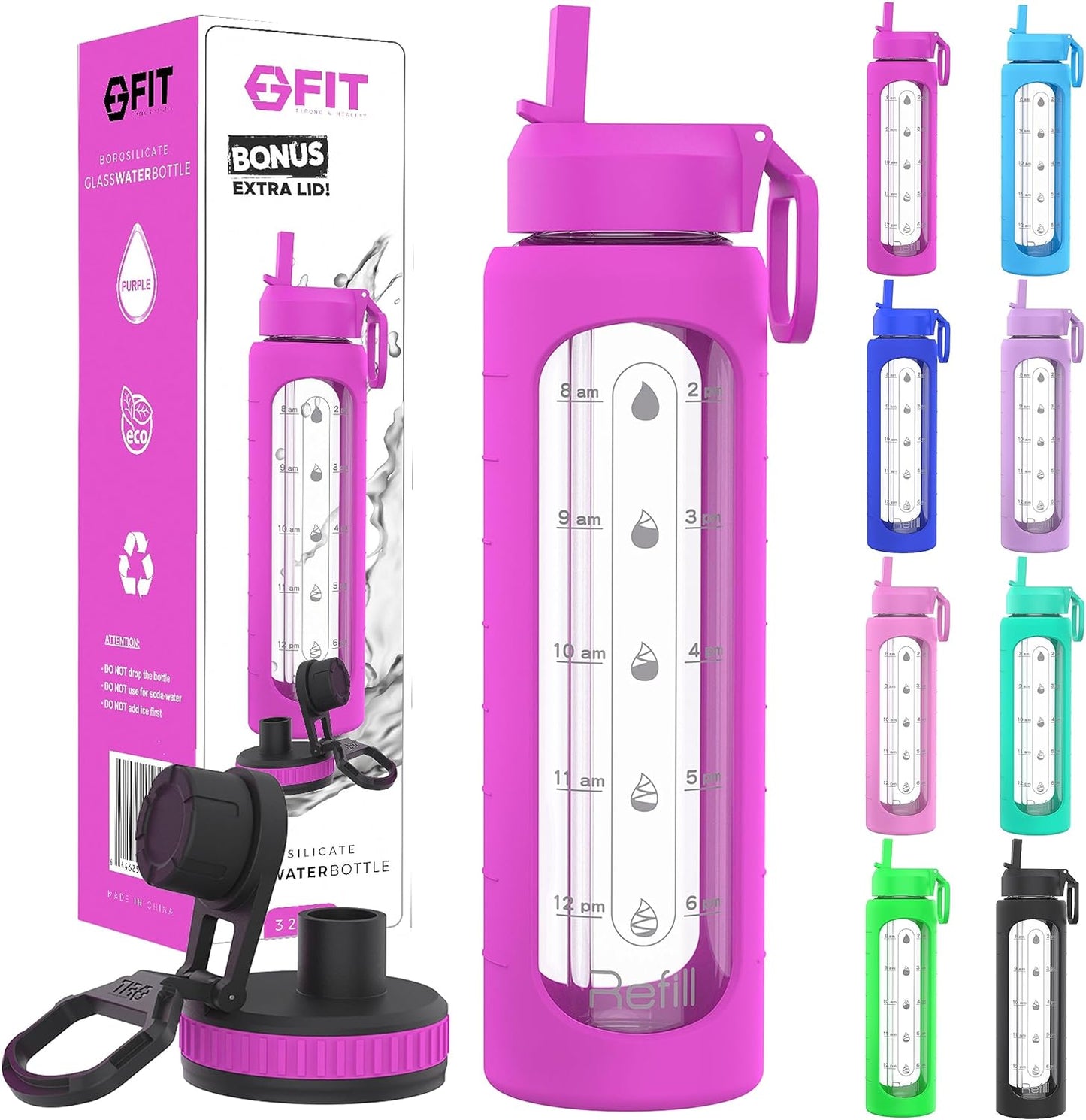 FIT Strong & Healthy 32 oz Glass Water Bottle with Straw Lid, Time Marker, Sleeve & Extra Lid - Motivational, Wide Mouth 1 Liter Glass Drinking Bottle
