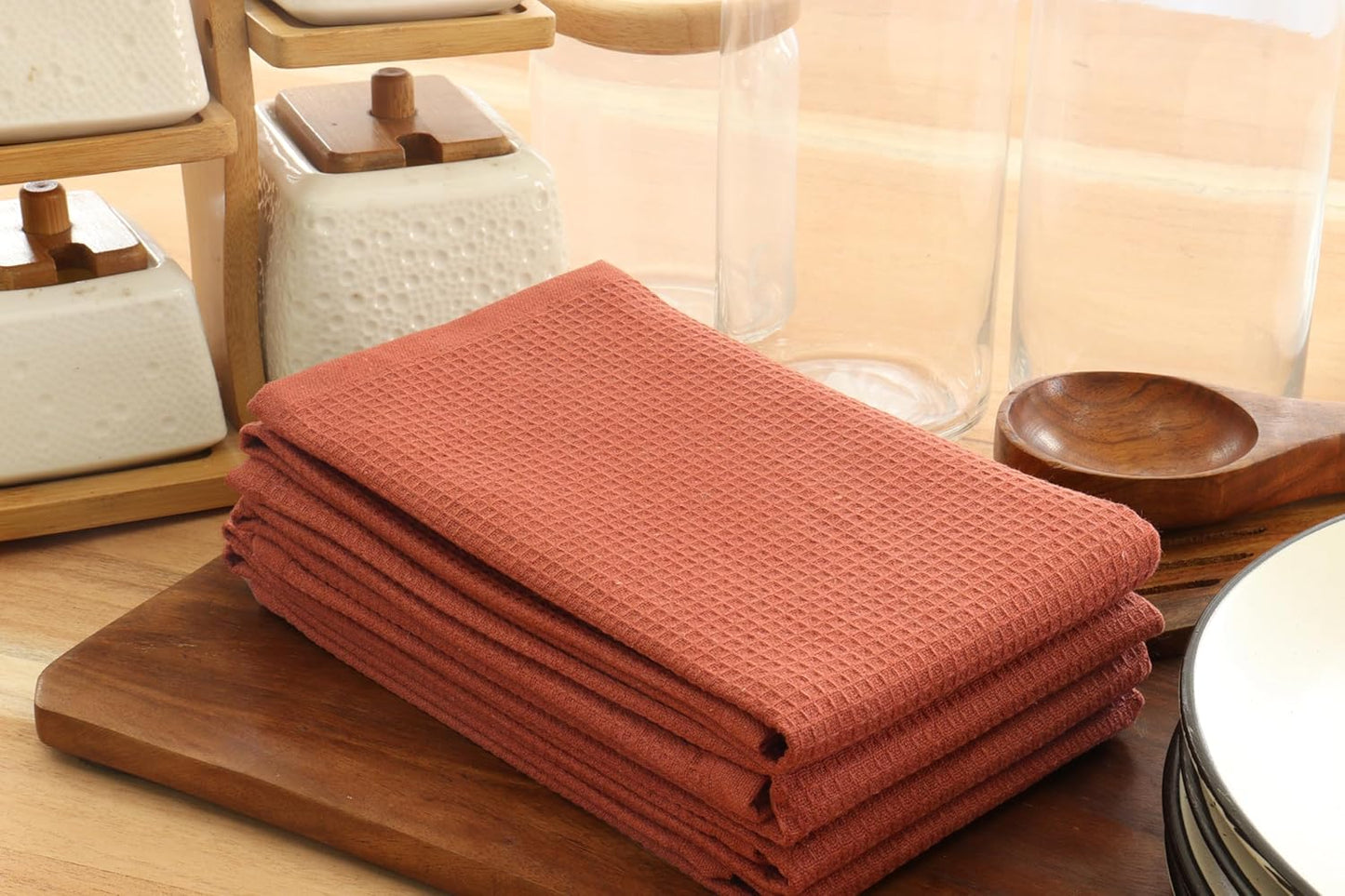 PurpleEssences Rust Waffle Weave Kitchen Towel, 100% Cotton - 15 x 25 Inches, with Hanging Loop Ultra Soft Absorbent Quick Drying Dish Cloth, Tea and Hand Towels, 6 Pack - Spring Summer - Rust