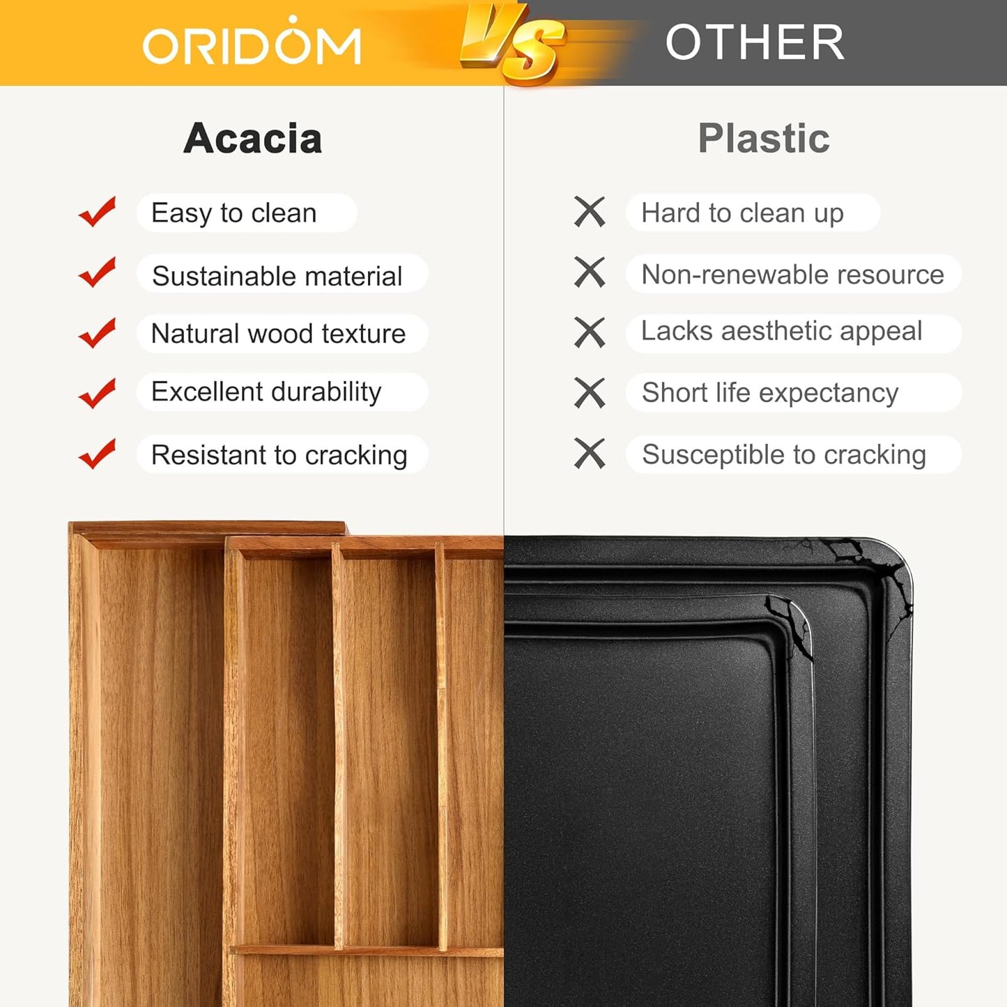 Large Premium Acacia Silverware Organizer - Expandable Drawer Organizer & Utensil Organizer - 17"x19.7" Cutlery Tray with Dividers for Kitchen Utensils and Flatware (7-9 Slots) Acacia