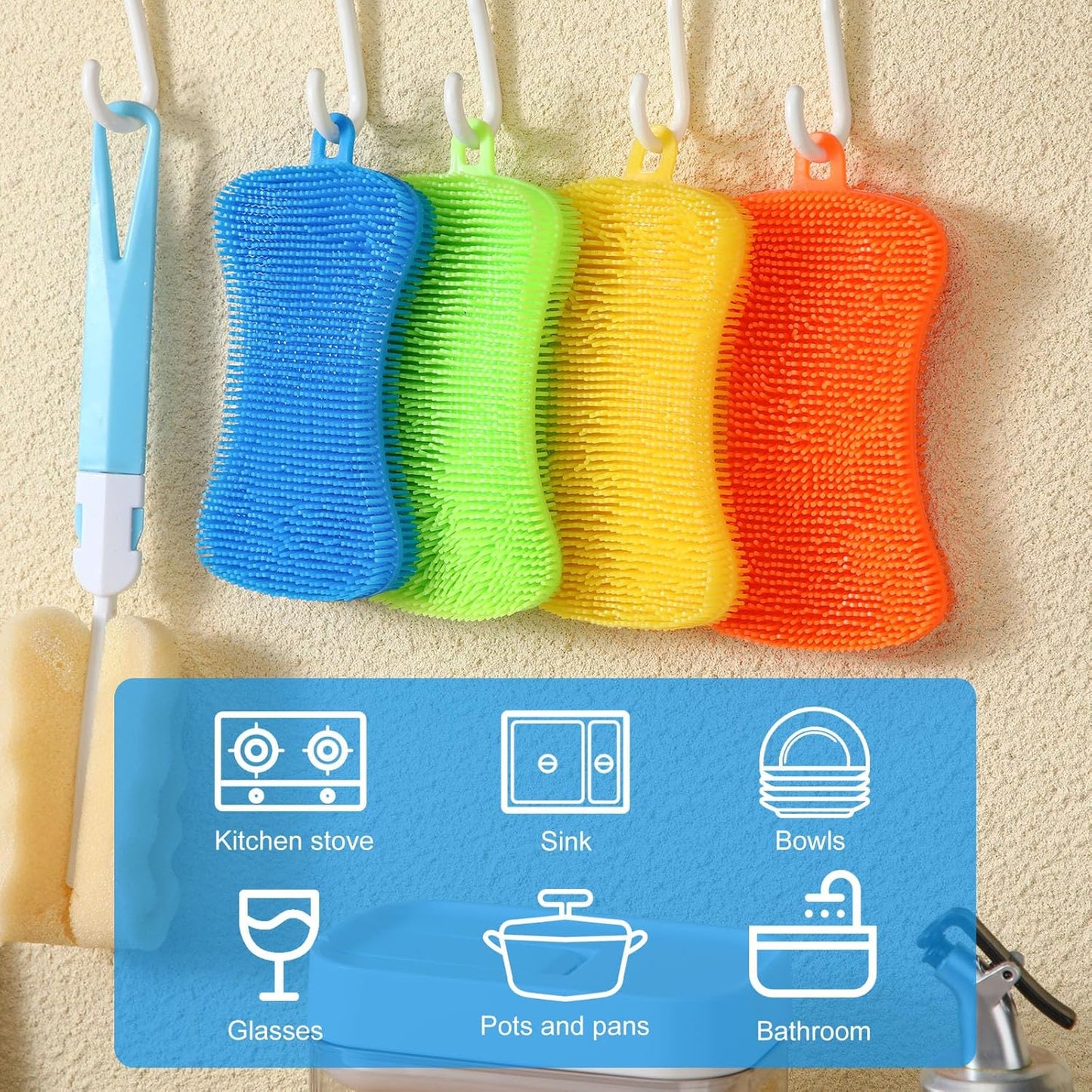 Patelai 10 Pieces Silicone Dish Sponge Silicone Scrubber Reusable Kitchen Scrubbing Cleaning Sponge Soft Dish Scrubber for Fruit Vegetable (Hanging Brush)