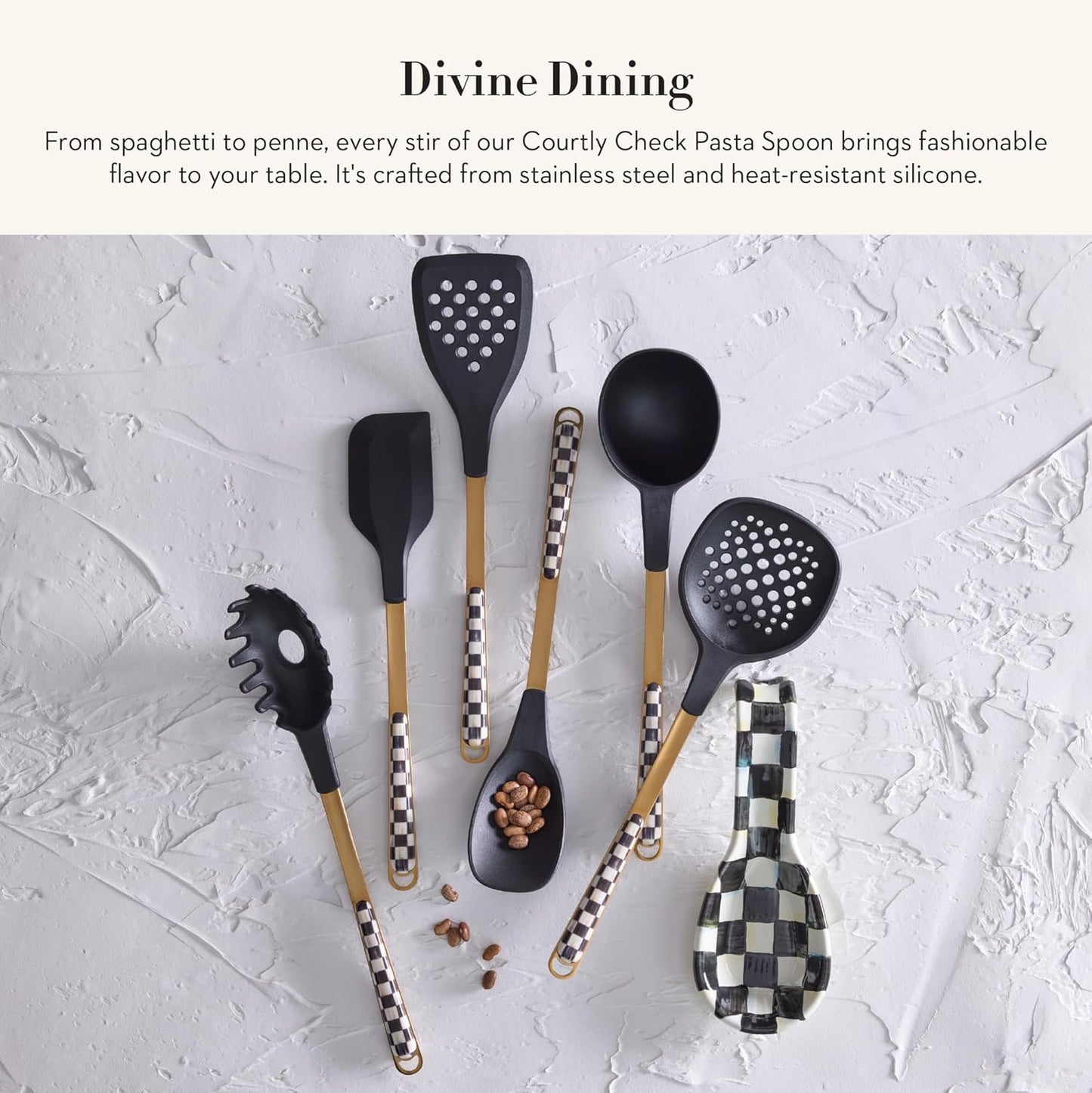 MACKENZIE-CHILDS Kitchen Pasta Spoon, Silicone Spaghetti Spoon, Black-and-White Courtly Check
