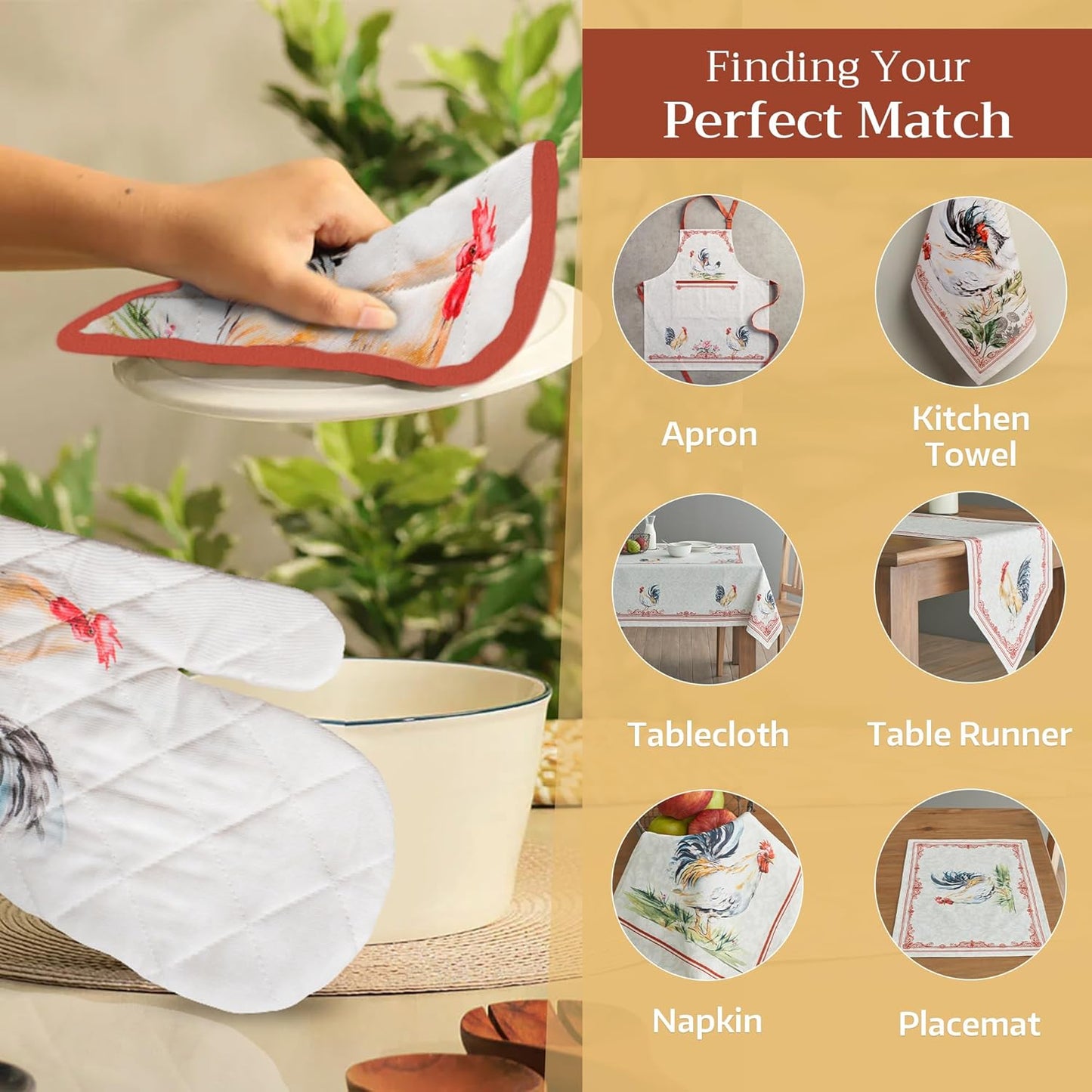 Maison d' Hermine 100% Cotton Oven Mitt & Pot Holder Set (7.5"x13" & 8"x8") Heat Resistant BBQ Cooking Gloves with Loop, Baking, Grilling, Kitchen, Handling Hot Pans Spring/Summer (Campagne)