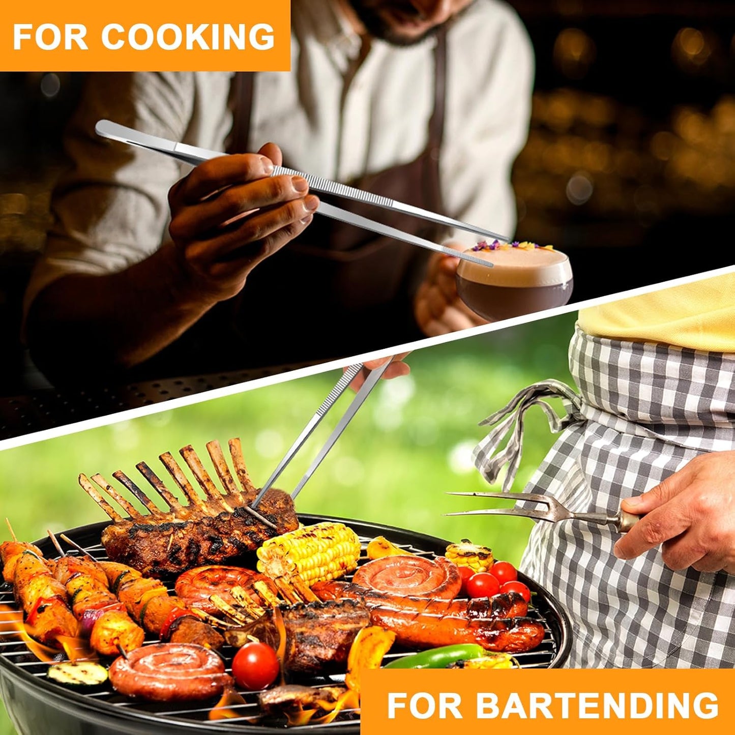 Yaomiao 4 Packs 16 Inch Bar Tweezers Silver Long Garnish Tongs Stainless Steel Kitchen Cooking Tongs Tweezers for Food Cocktail Korean BBQ Bartender Chef, Multi-use