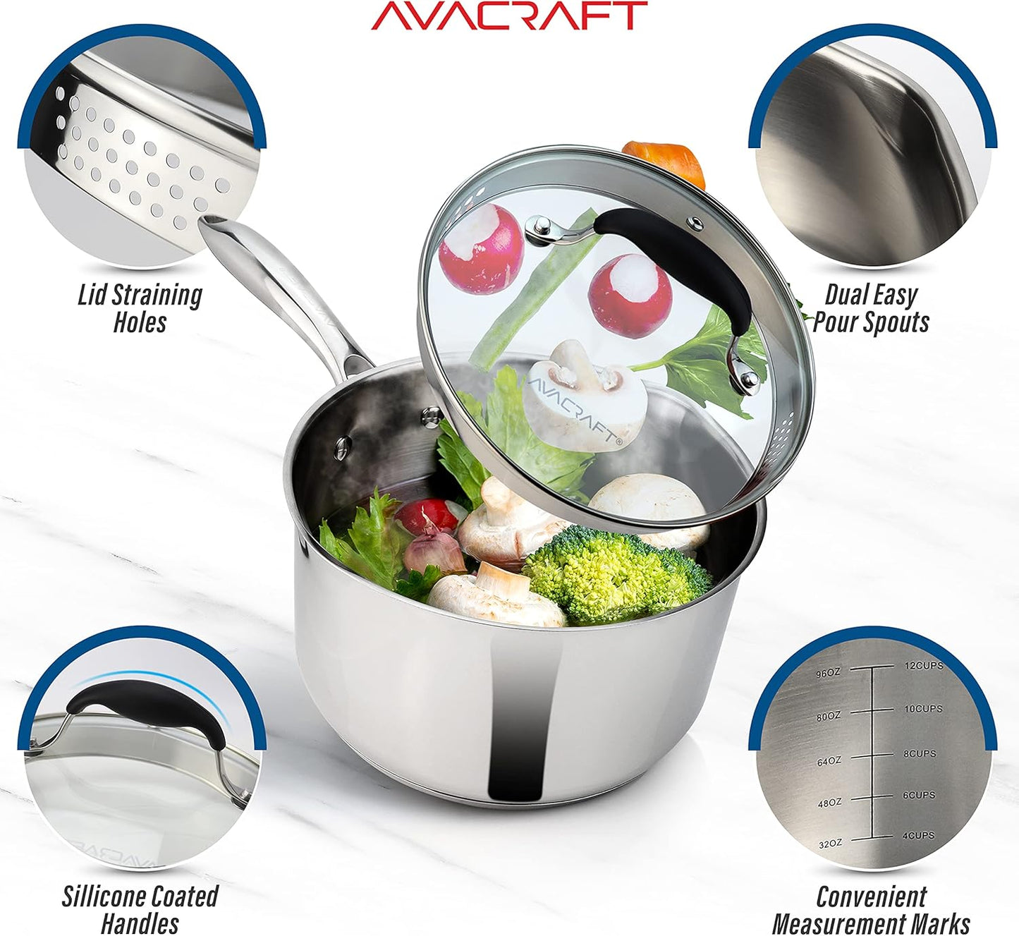 AVACRAFT Stainless Steel Saucepan with Glass Strainer Lid, Two Side Spouts for Easy Pour with Ergonomic Handle, Multipurpose Sauce Pot (5-Ply Capsule Bottom, 3.5 Quart)