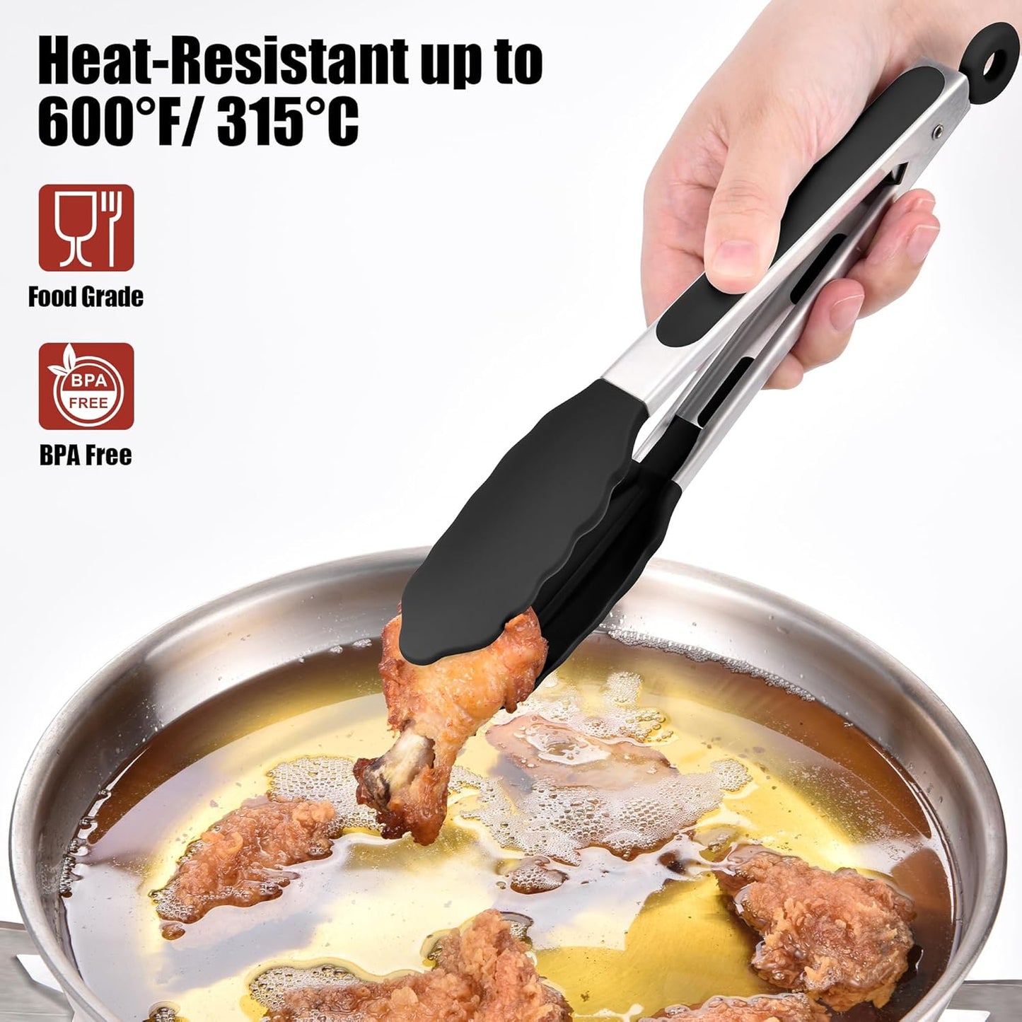 Doosu Kitchen Tongs for Cooking - 600°F Heat Resistant Food Tong with Non-Scratch Silicone Tips, Heavy Duty Stainless Steel Locking Tong for BBQ, Grilling Steak, Serving Salad, Pasta (9in, Black)