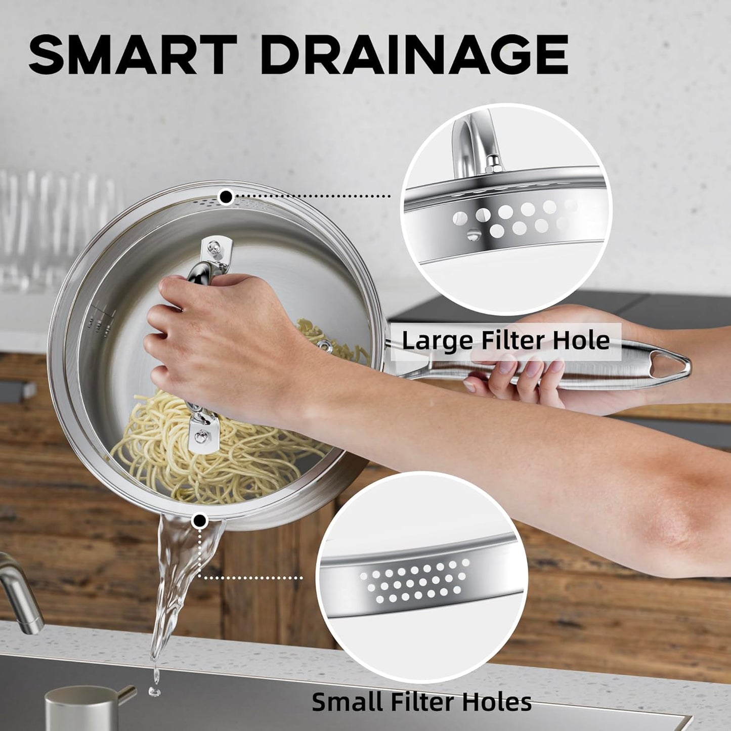 Leetaltree 1.5 Quart Stainless Steel Saucepan with Glass Strainer Lid, Thicken Tri-ply Ful Body, Multipurpose Sauce Pot with Two-Size Drainage Holes Lid, Perfect For Boiling Gravies, Pasta, Noodles