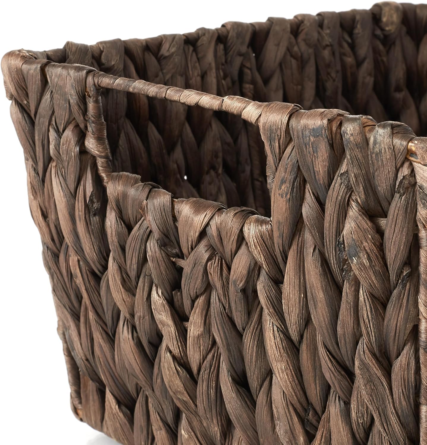 Casafield Set of 4 Water Hyacinth Storage Baskets with Handles - Espresso, Woven Rectangular Storage Bins for Shelves, Blankets, Laundry Organization