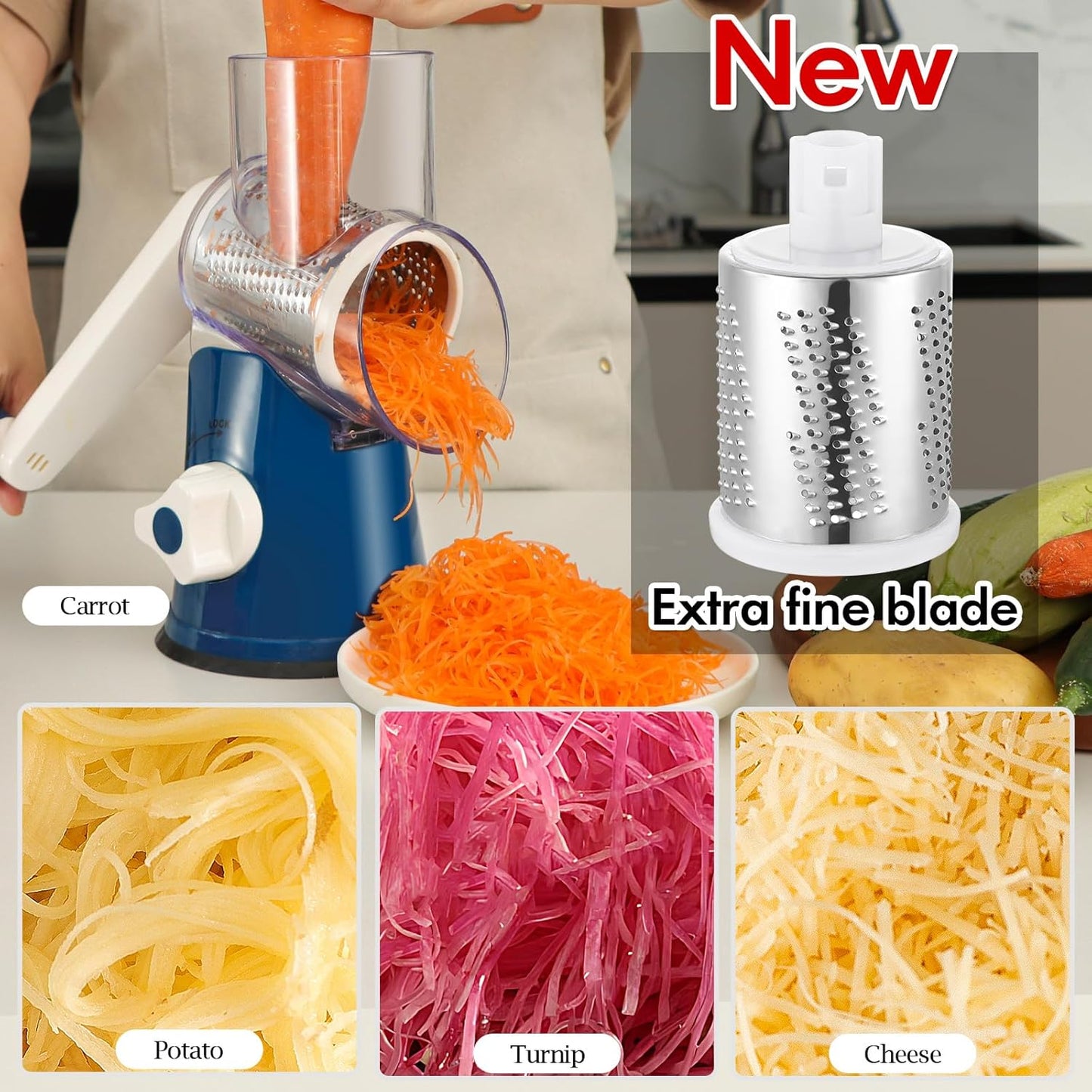 Ourokhome Rotary Cheese Grater Hand Crank, Kitchen Shredder Speed Mandolin Slicer Ice Shaver with Handle and Drum Blades for Cheese, Vegetable, Nuts, Chocolate, Potato, Carrot, 5 Blades, Dark Blue