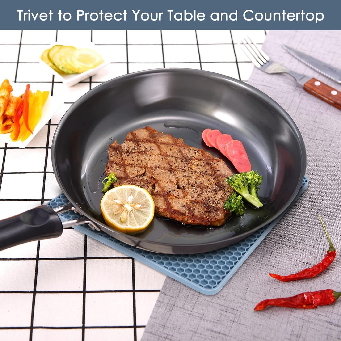 Trivets for Hot Dishes, 4 Pack Silicone Hot Pads Pot Holders for Kitchen, Non-Slip Heat Resistant Silicone Mat for Countertops, Spoon Rest, Multipurpose Food Grade Thick Trivet(Gray& Blue)