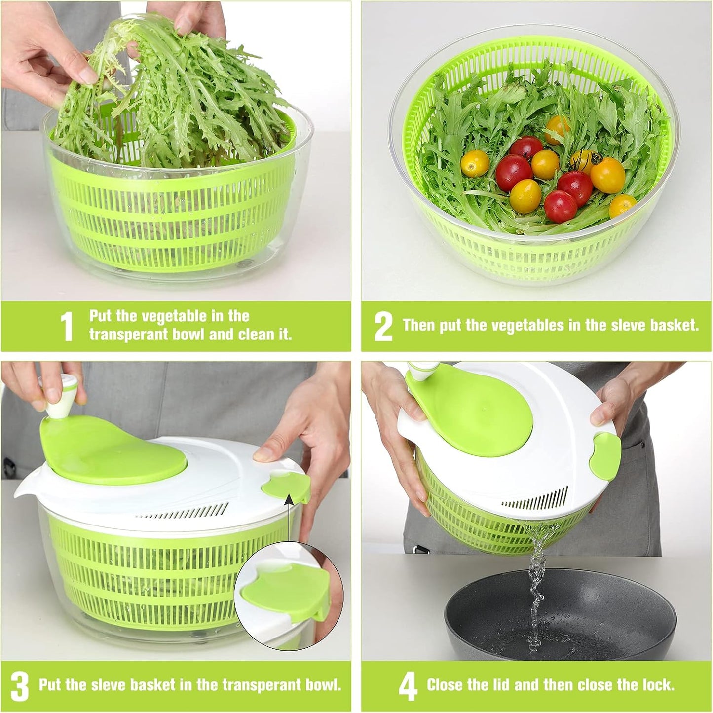 Smile mom Salad Spinner Large Lettuce Spinner Kitchen Gadgets, Large Salad Spinner Vegetable Washer, High Efficiency for Home Kitchen Washing & Drying Leafy Vegetables With Rotary Handle 4.2Qt Green