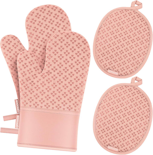 Oven Mitts and Pot Holders 4 Sets, Heat Resistant 500 ℉ Oven Mitt and Pot Holder,Oven Glove&Potholders with Non-Slip Silicone Surface,Kitchen Essentials for Cooking/Baking/BBQ-Pink