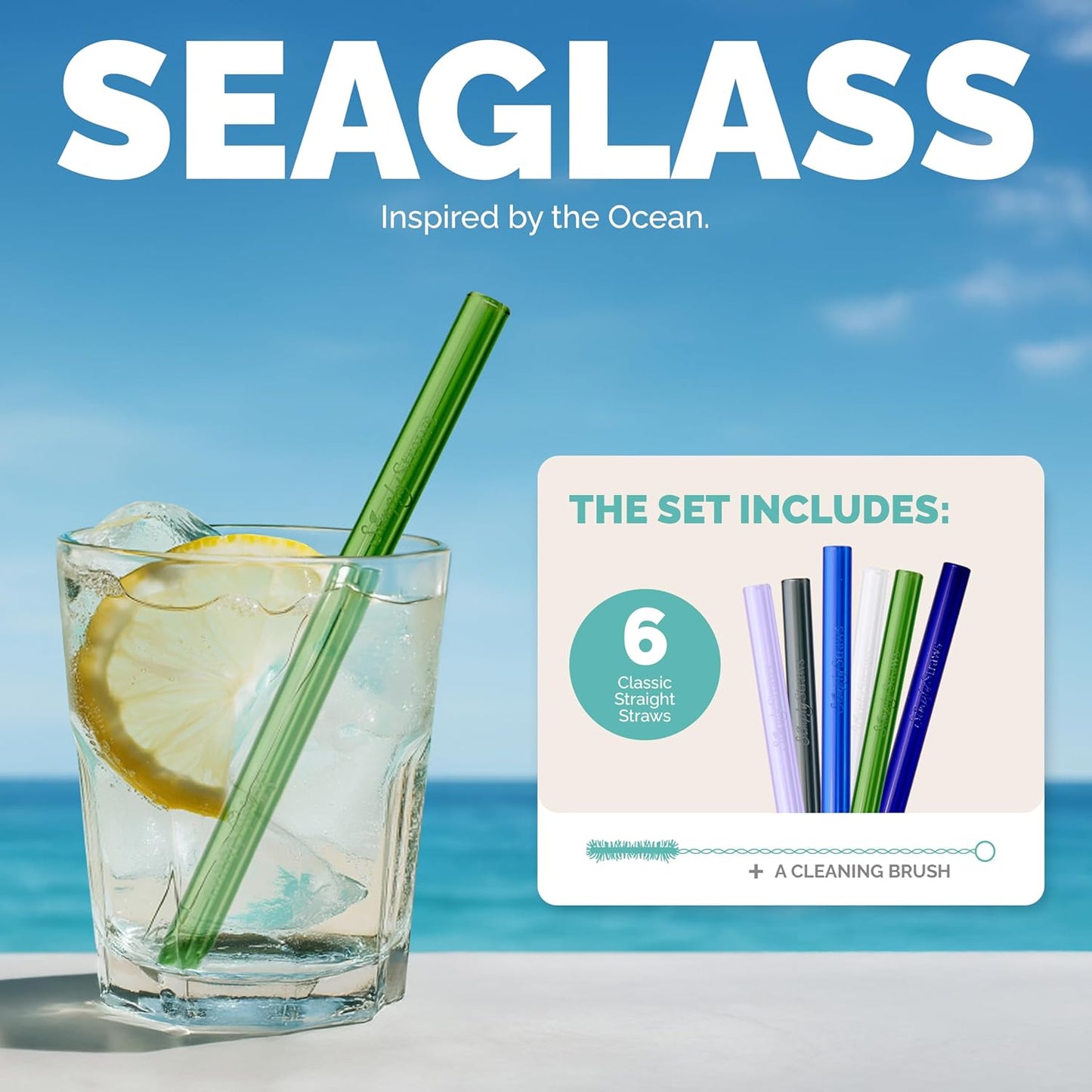 Simply Straws 6 Inch Glass Straws Straight (6-Pack) – Reusable Glass Straws for Low Balls & Stemless Glasses, with Cleaning Brush – Dishwasher Safe, Hot & Cold Use, BPA-Free (Seaglass)