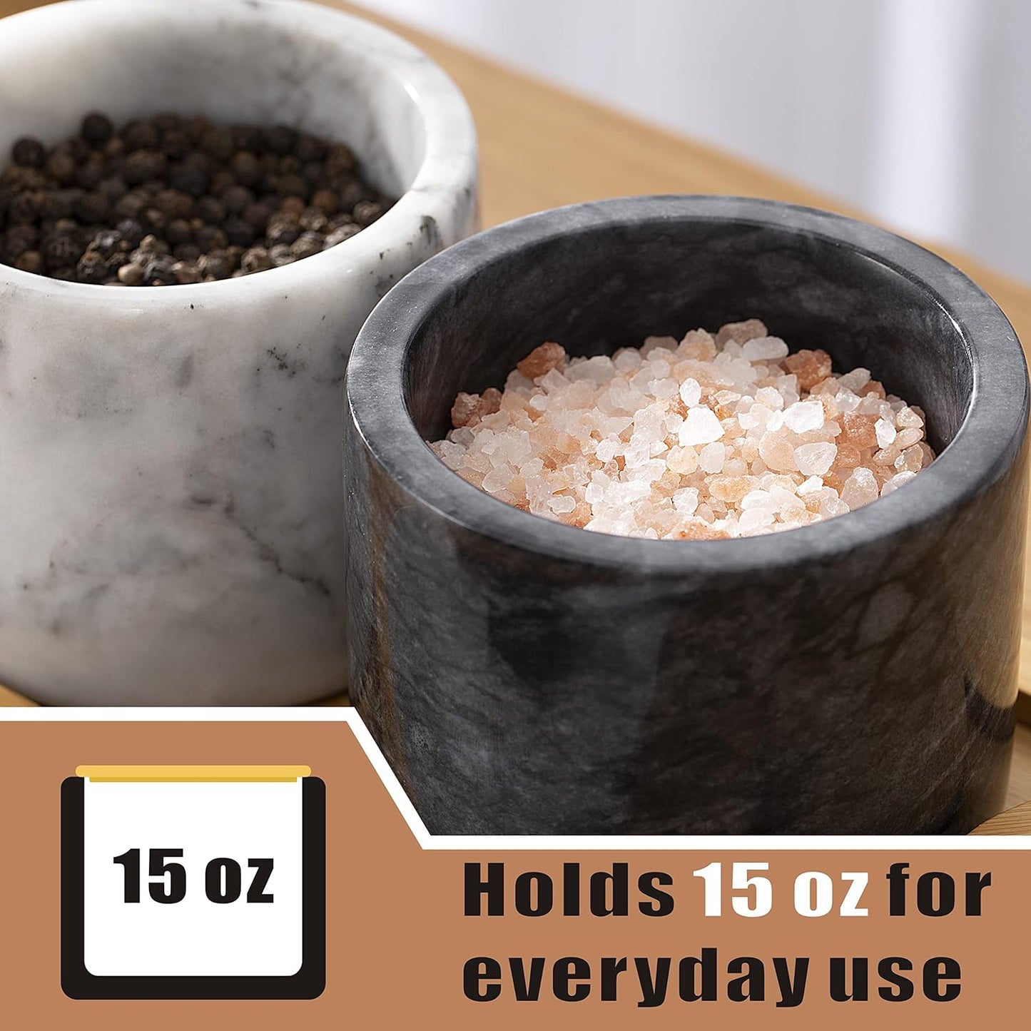 Marble Salt Cellar with Lid & Spoon, 11oz Salt and Pepper bowls, Handcrafted from Natural Marble, Smooth Inside (Black)