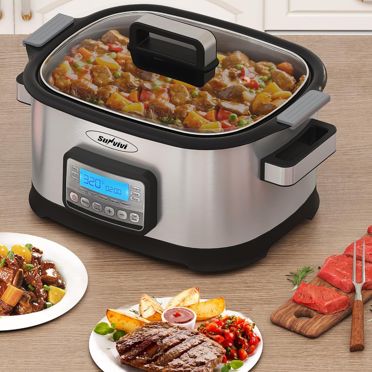 Sunvivi 6.5 Quart Slow Cooker Roaster Oven：11 in 1 programmable Multi-Cooker Food Warmer with Digital Timer, Temp Control, Removable Nonstick Cast Aluminum Pot & Dishwasher-Safe Tempered Glass Lid