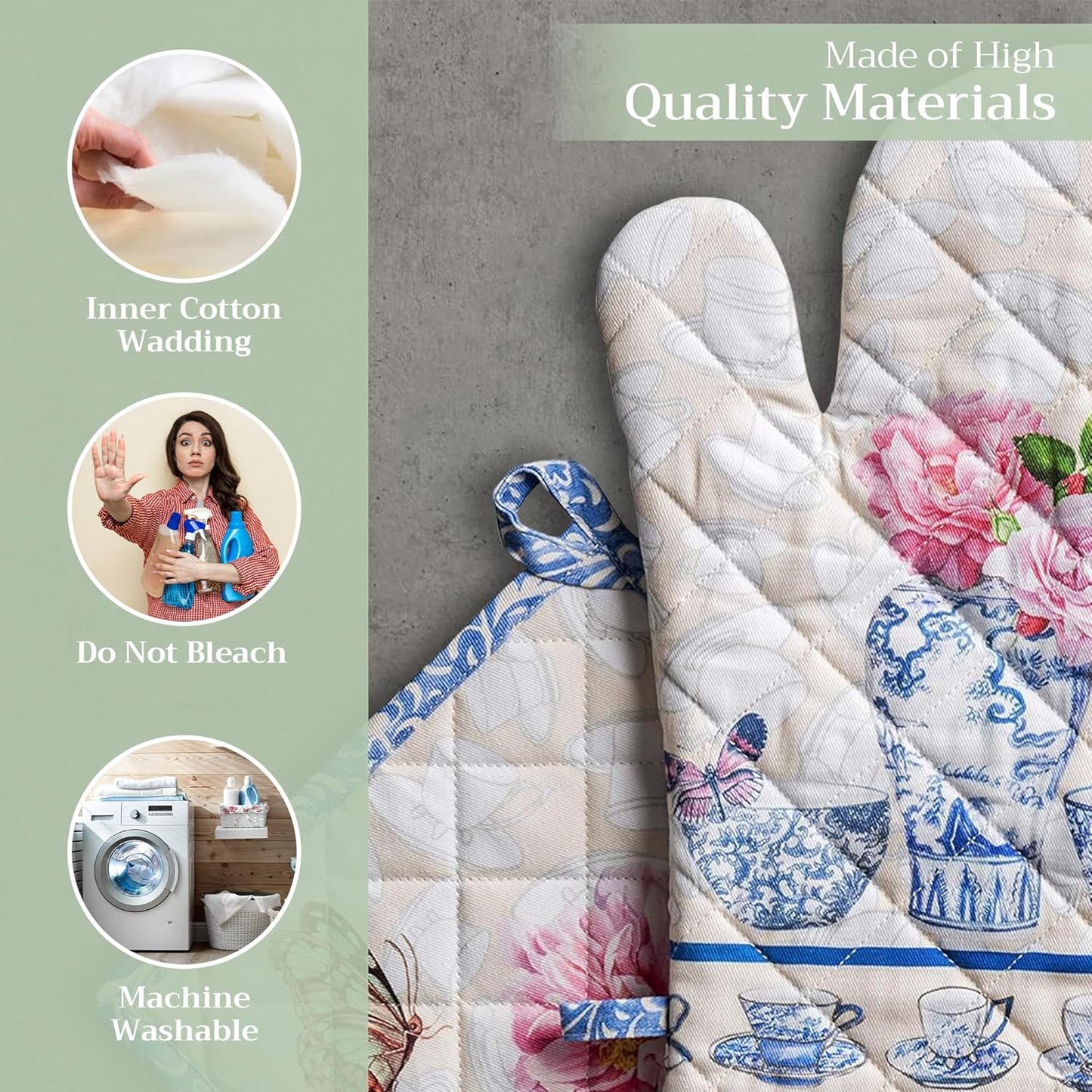 Maison d' Hermine 100% Cotton Oven Mitt & Pot Holder Set (7.5"x13" & 8"x8") Heat Resistant BBQ Cooking Gloves with Loop, Baking, Grilling, Kitchen, Handling Hot Pans Spring/Summer (Canton)