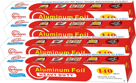 560 SQFT Aluminum Foil Roll, 4 PACK, Total 560 SQFT, 140' Length x 12" Width per roll, kitchen tin foil grill foil paper for cooking, baking, wrapping.