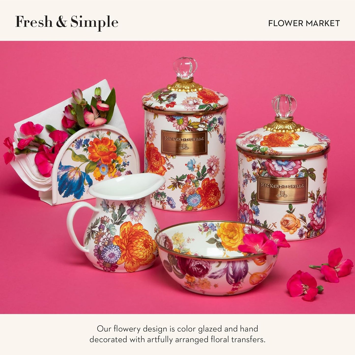 MACKENZIE-CHILDS Enamel Creamer, Creamer Dispenser with Pour Spout, Kitchen Enamelware, 14-Ounce Capacity, White Flower Market