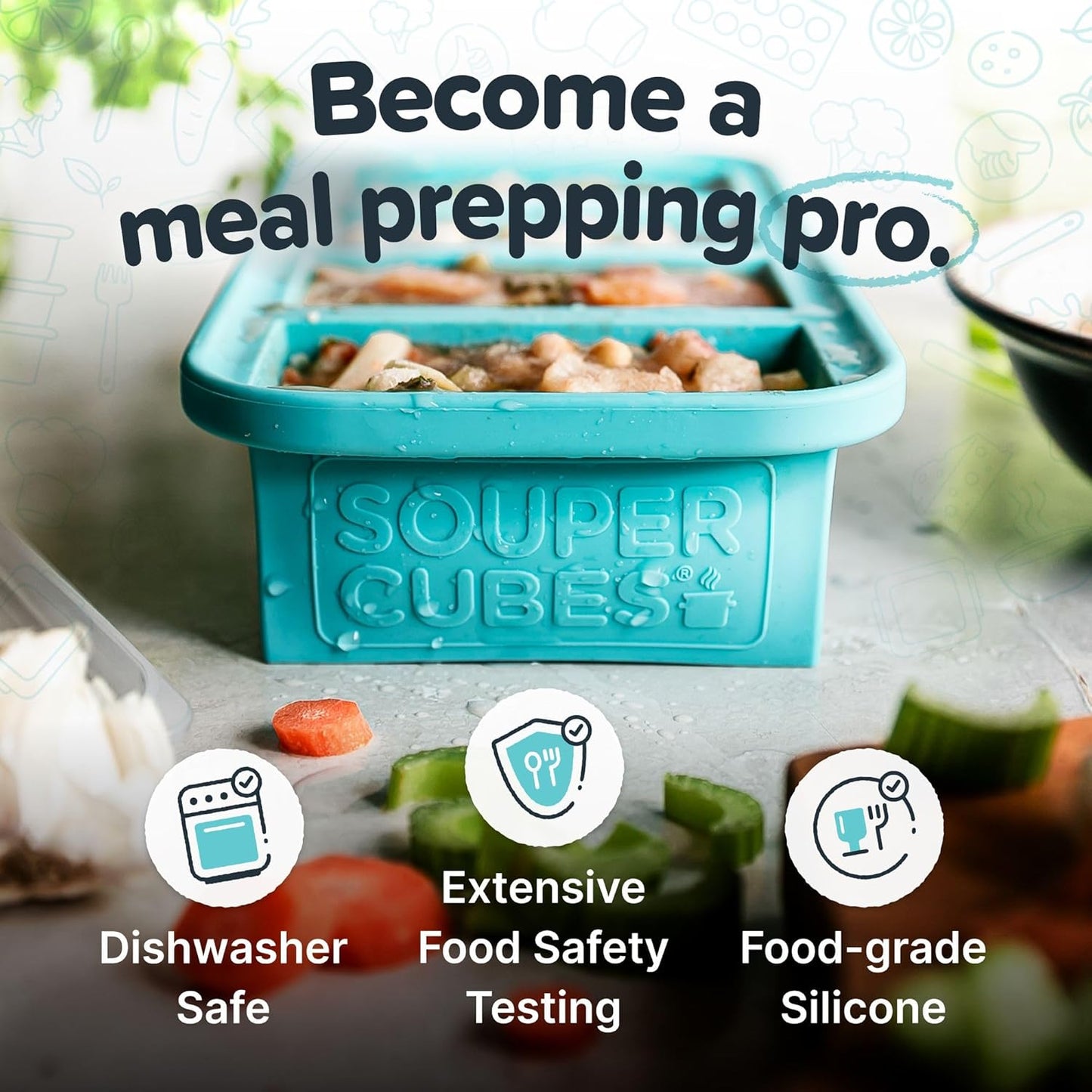 Souper Cubes 1 Cup Silicone Freezer Molds - Soup Cubes Perfect for Freezing Broth, Rice, Leftovers and More - Silicone Freezer Trays with Lids for Meal Prep - Aqua - 2-Pack