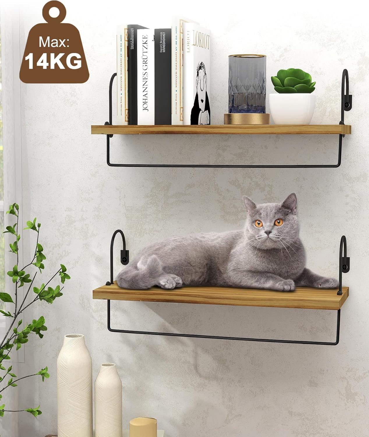 Floating Shelves with Hooks, Wall Mount Mug Holder Coffee Bar Accessories Wood Kitchen Organizer Storage with Towel Rack for Bathroom Set of 2