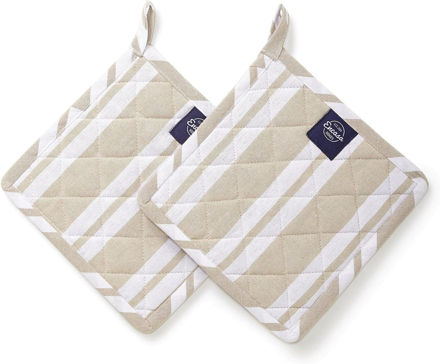Encasa Homes 8 inches Oven Microwave Potholders (2 pc Set) for Kitchen Cooking & Baking - Heat Resistant, Thick & Safe, Protection of Hands from Hot Utensils - Franca Beige Stripes