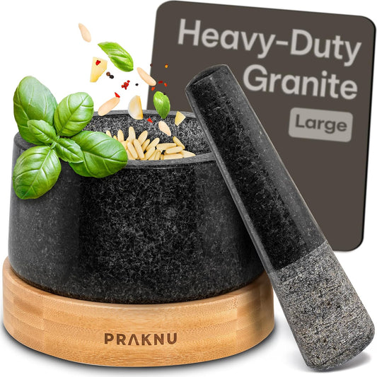 Mortar and Pestle Set Large 2 Cup - Heavy-Duty Stone Grinder for Spices, Herbs & Guacamole - Durable Granite - Non-Slip Wooden Base - Effortless Grinding & Easy to Clean