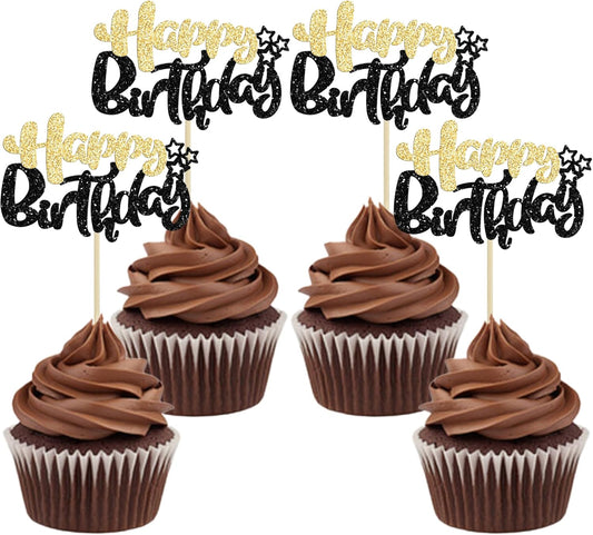 Ephlyn 24Pcs Happy Birthday Cupcake Toppers Double Layer Glitter Happy Birthday Cake Decorations for Celebrating Baby Shower Theme Kids Boys Girls Birthday Party Cake Decorations Supplies Black Gold