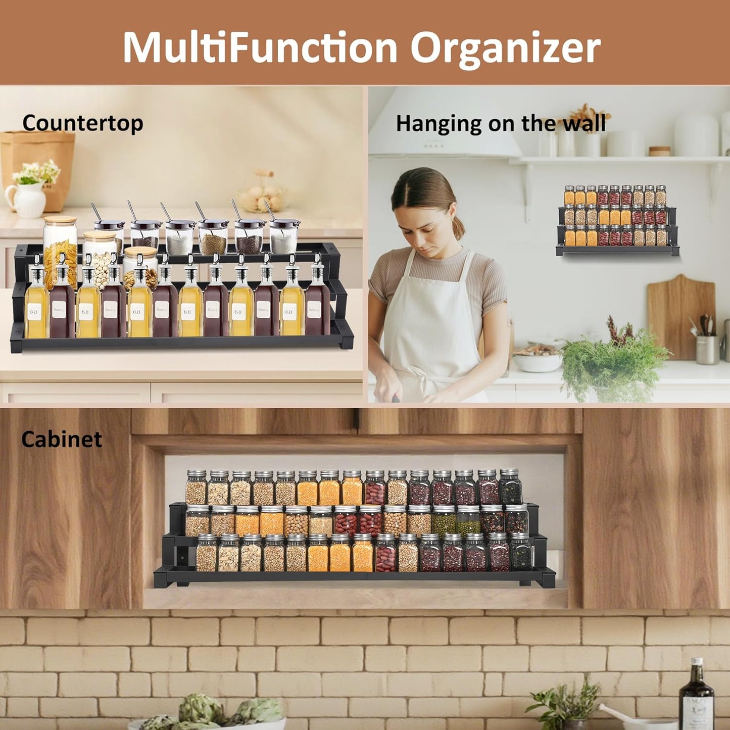 GOENDR Expandable Spice Rack Organizer for Cabinet, 3 Tier Metal Spice Organization,16"-29.5" Wide Adjustable Seasoning Organizer, Display Shelf, Canned Goods Organizer for Pantry Kitchen Countertop