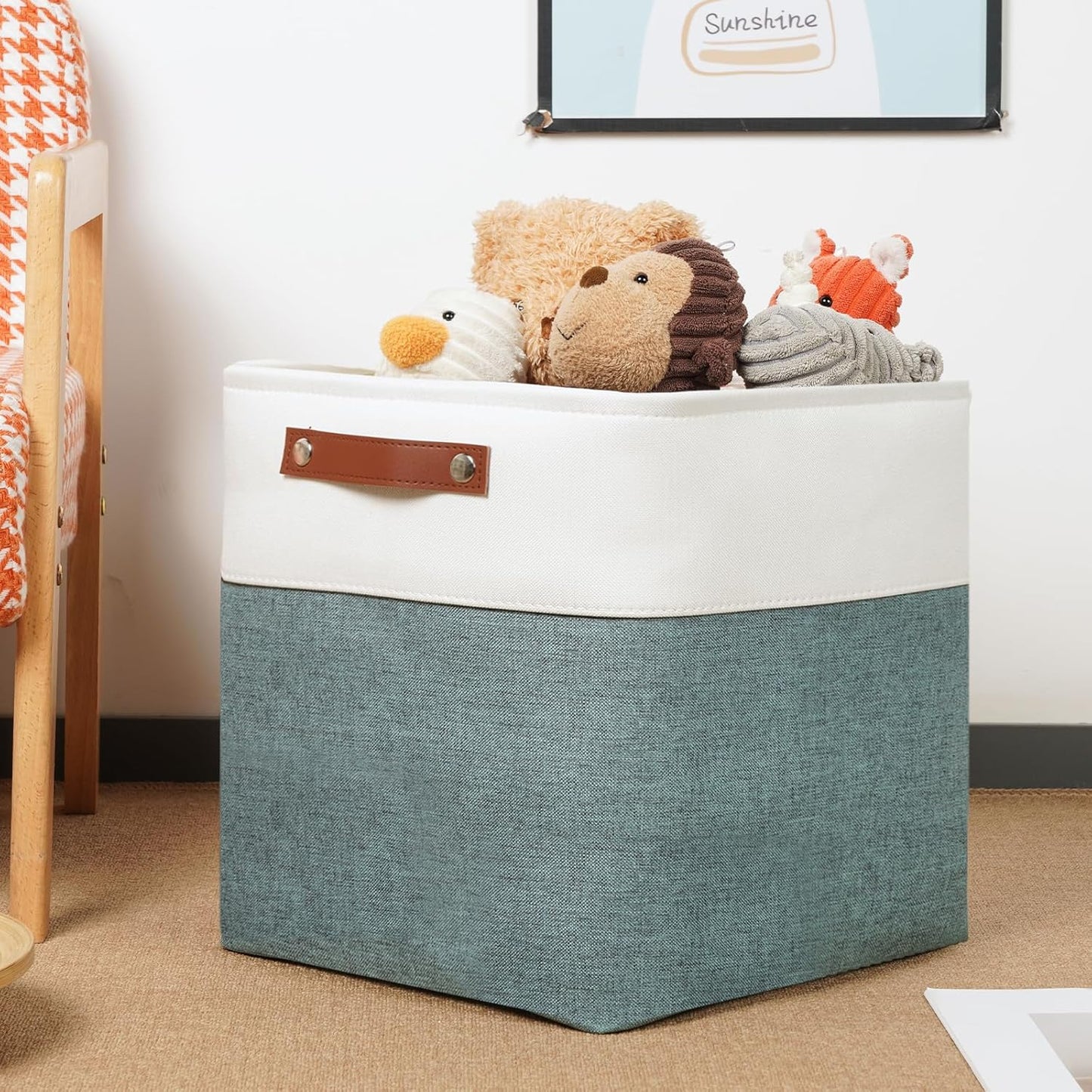 DULLEMELO Set Of 4 Cube Storage Bins, Fabric Storage Basket for Shelves Closet Nursery Toy Storage, 12 inch Fabric Storage Cubes Bins Canvas Organization Baskets (White&Deep Green)