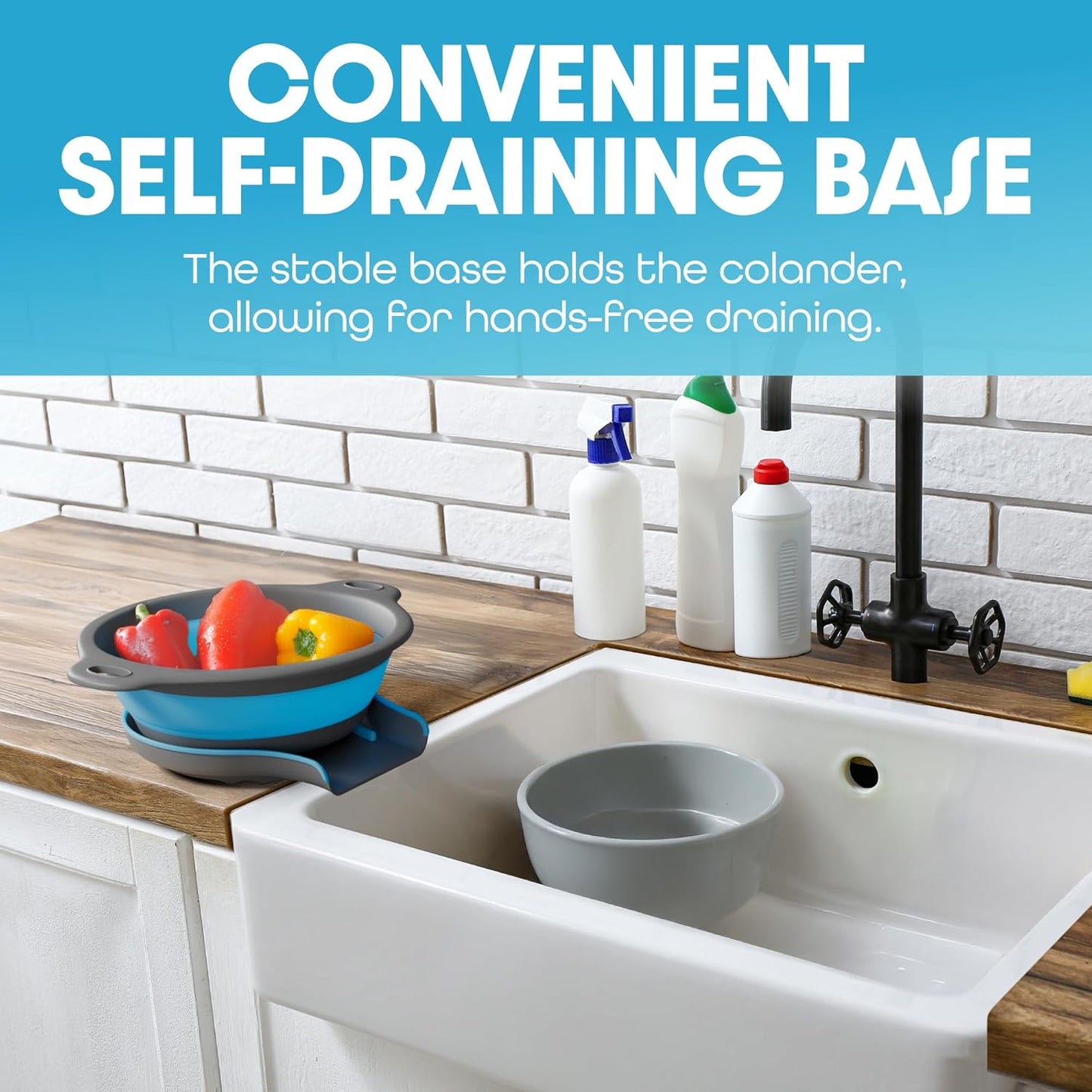 Strainer with Self-Draining Base (5QT) Over-Sink Collapsible Kitchen Colander Set with Side-drain Base for Pasta Vegetables and Fruit, XL Large Capacity, Dishwasher Safe (5-Quart) Blue/Gray