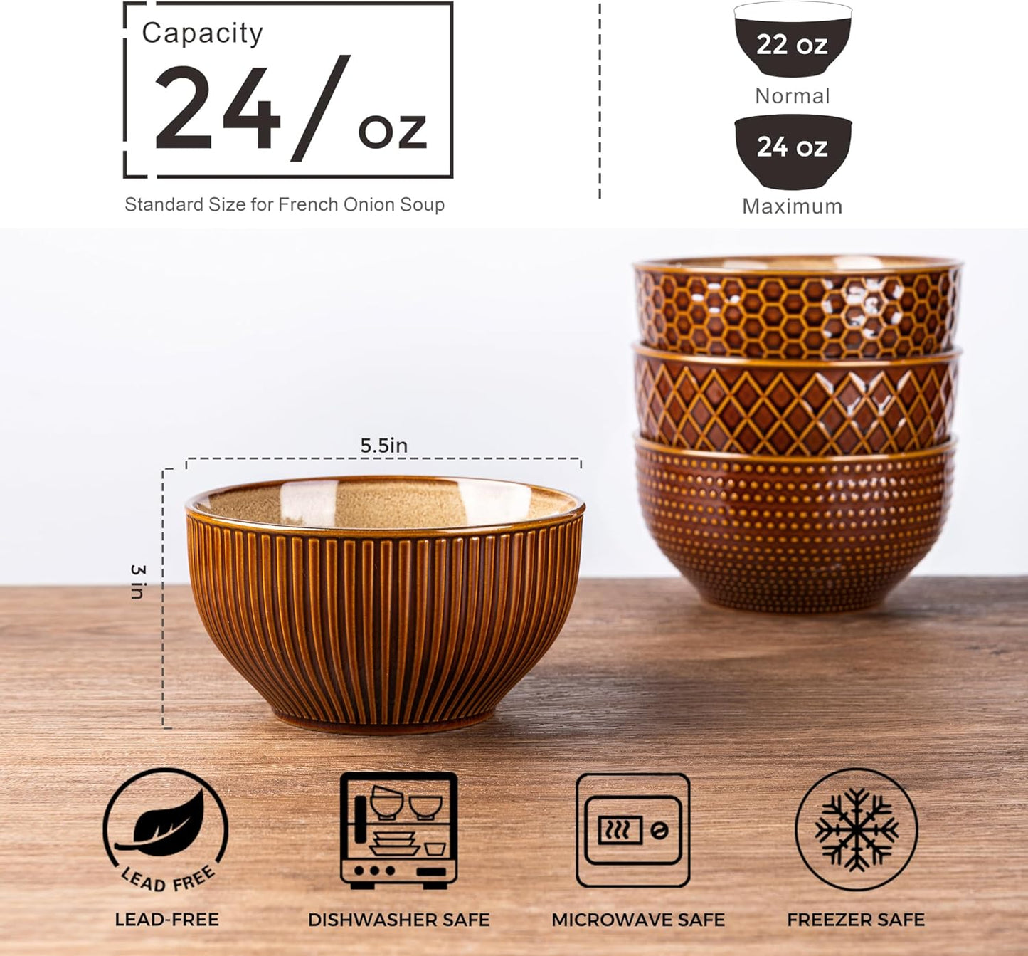 GBHOME Stoneware Cereal Bowls Set of 4, 24 oz Ceramic Soup Bowls with Texture Patterns for Soup,Oatmeal,Snack Perfect for Wedding, House-warming Gift - Caramel