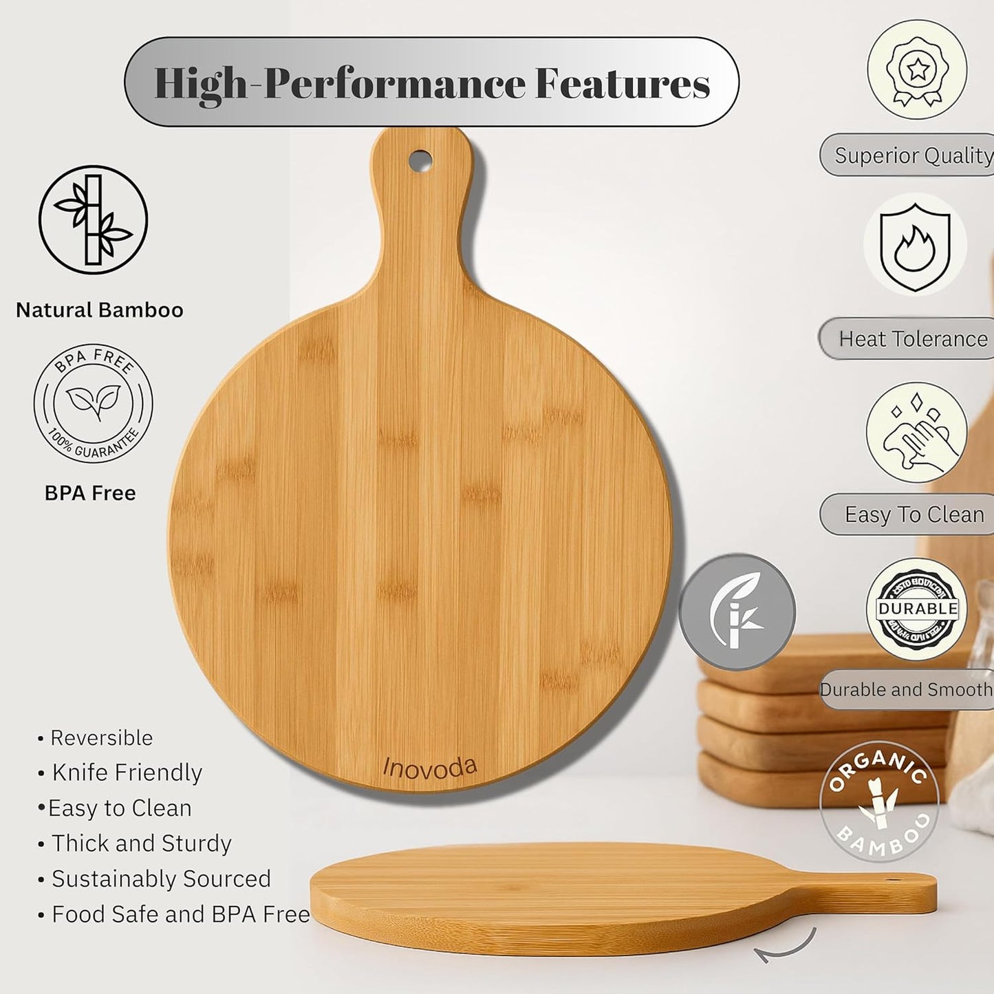 Wood Pizza Cutting Board with Cheese Knife & Pizza Cutter -12” Pizza Board with Handle -Pizza Peel Chopping Board, Decorative Serving Board for Pizza & Charcuterie