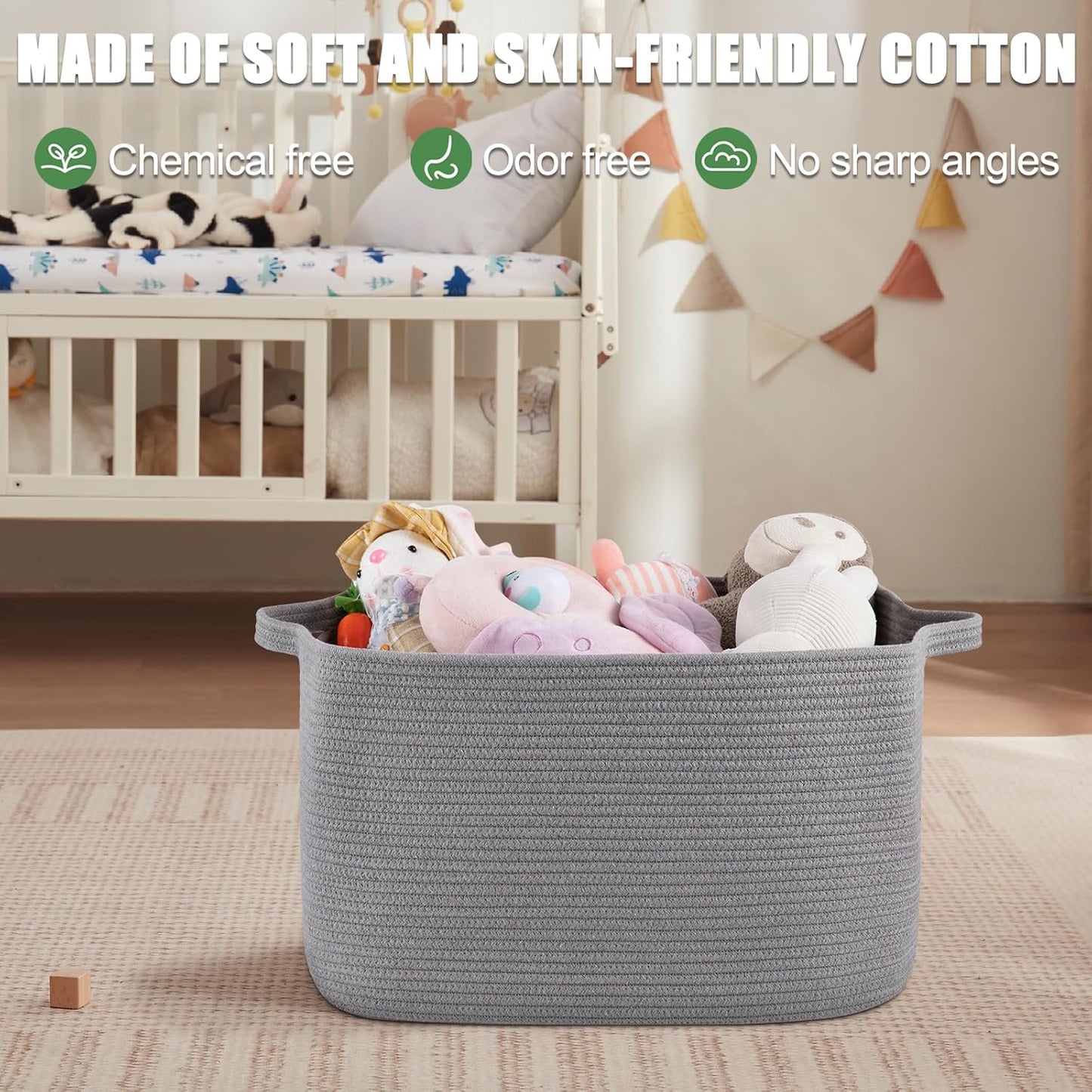 65L Large Storage Basket, Cotton Rope Woven Blanket Basket, Toy Storage for Baby Room, Living Room, Light Grey