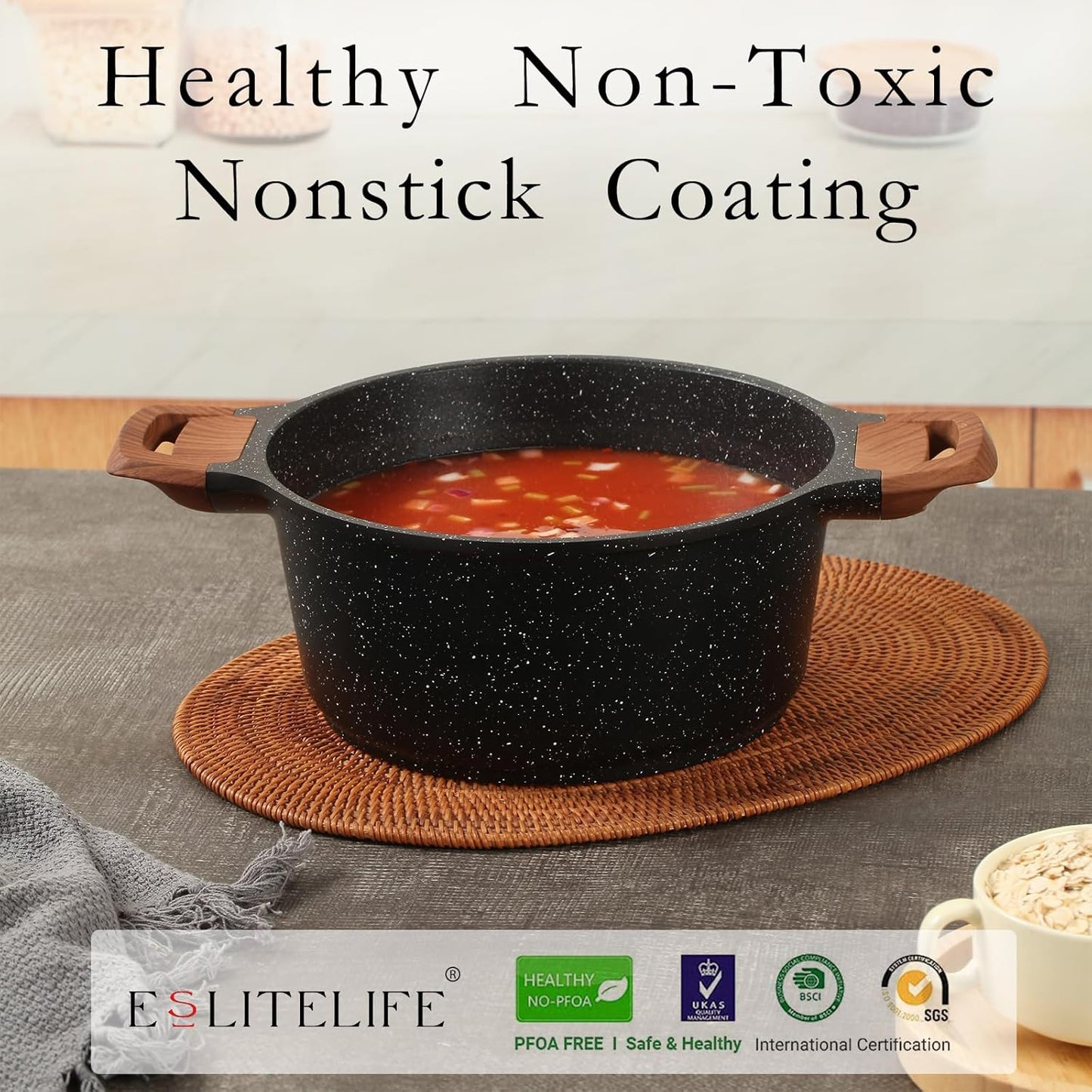 ESLITE LIFE Nonstick Stock Pot with Lid, 7 Quart Granite Casserole Large Soup Pot Pasta Cooking Pot, Induction Compatible, PTFE & PFOA Free, Black