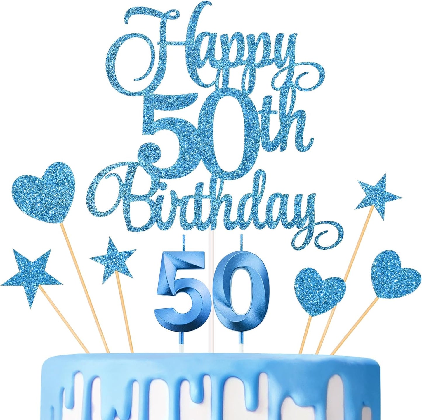 50th Birthday Cake Decorations, 50th Birthday Candles Cake Numeral Candles and Glitter Happy 50th Birthday Cake Toppers Set for Birthday Party Supplies (Blue)