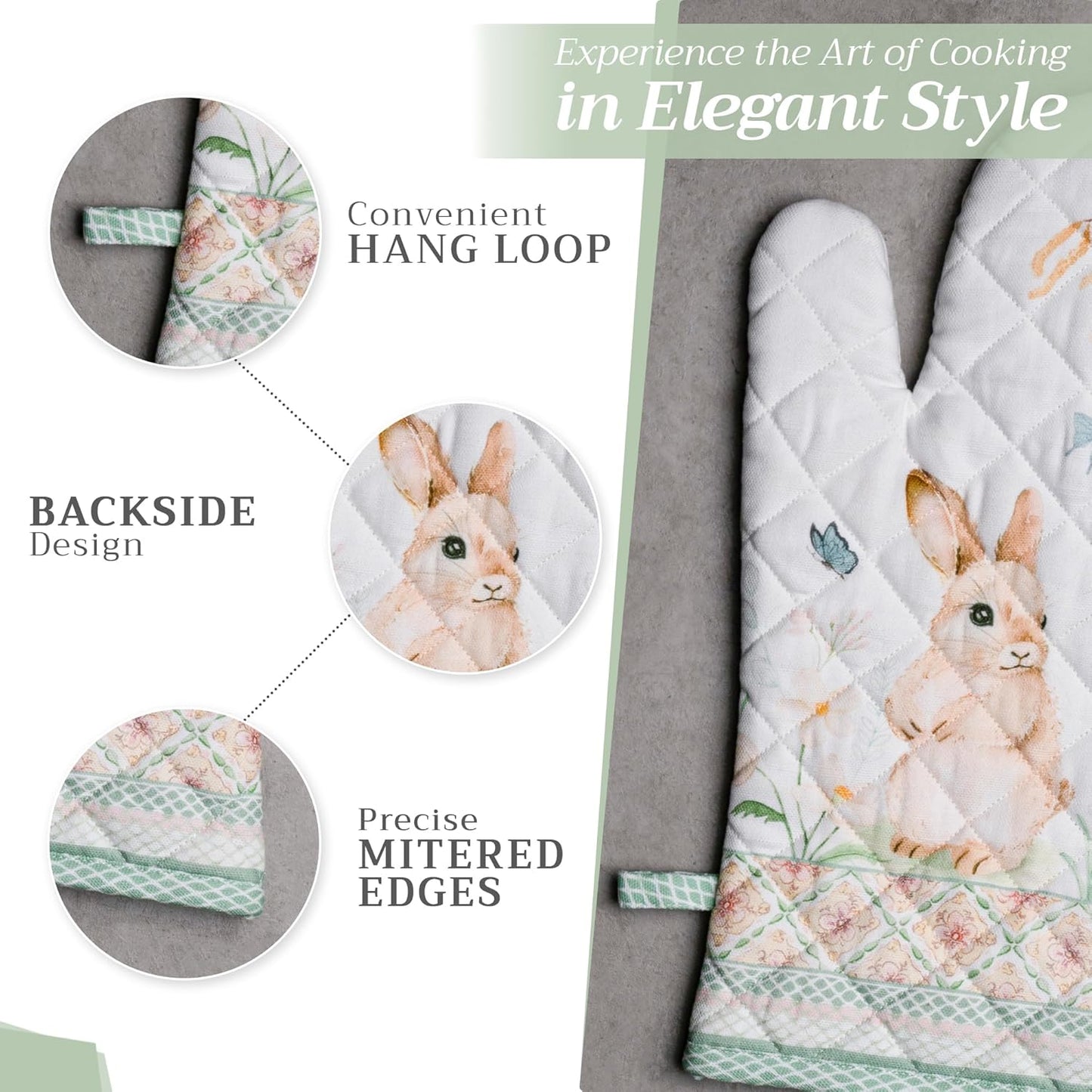 Maison d' Hermine 100% Cotton Oven Mitt & Pot Holder Set (7.5"x13" & 8"x8") Heat Resistant BBQ Cooking Gloves with Loop, Baking, Grilling, Kitchen, Handling Hot Pans Spring/Summer (Easter Dew)