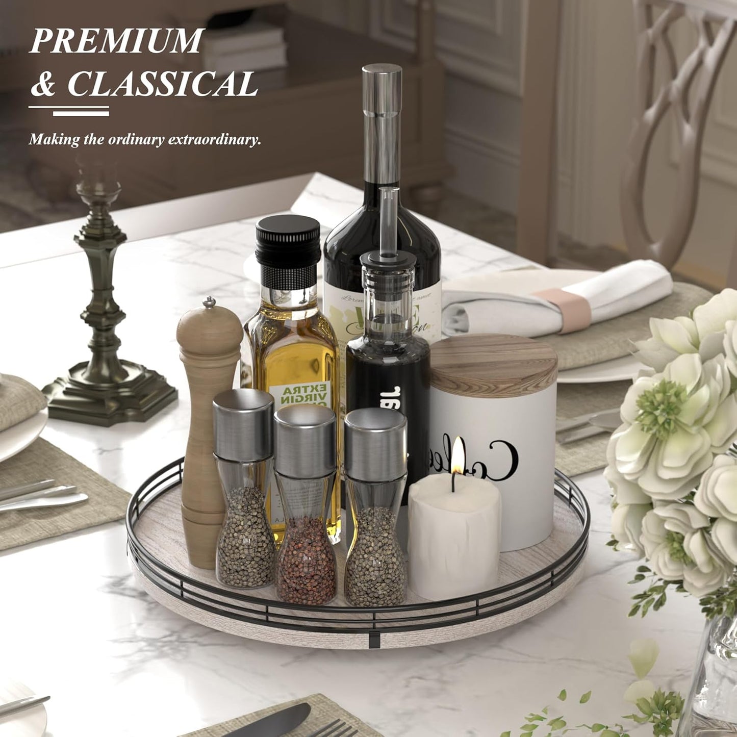 13" Oak Bathroom Vanity Tray Turntable for Perfume Candle, Round Wooden Decorative Tray for Kitchen Sink Countertop Organizer, Bathroom Counter Organizer for Skincare Makeup, Rustic White