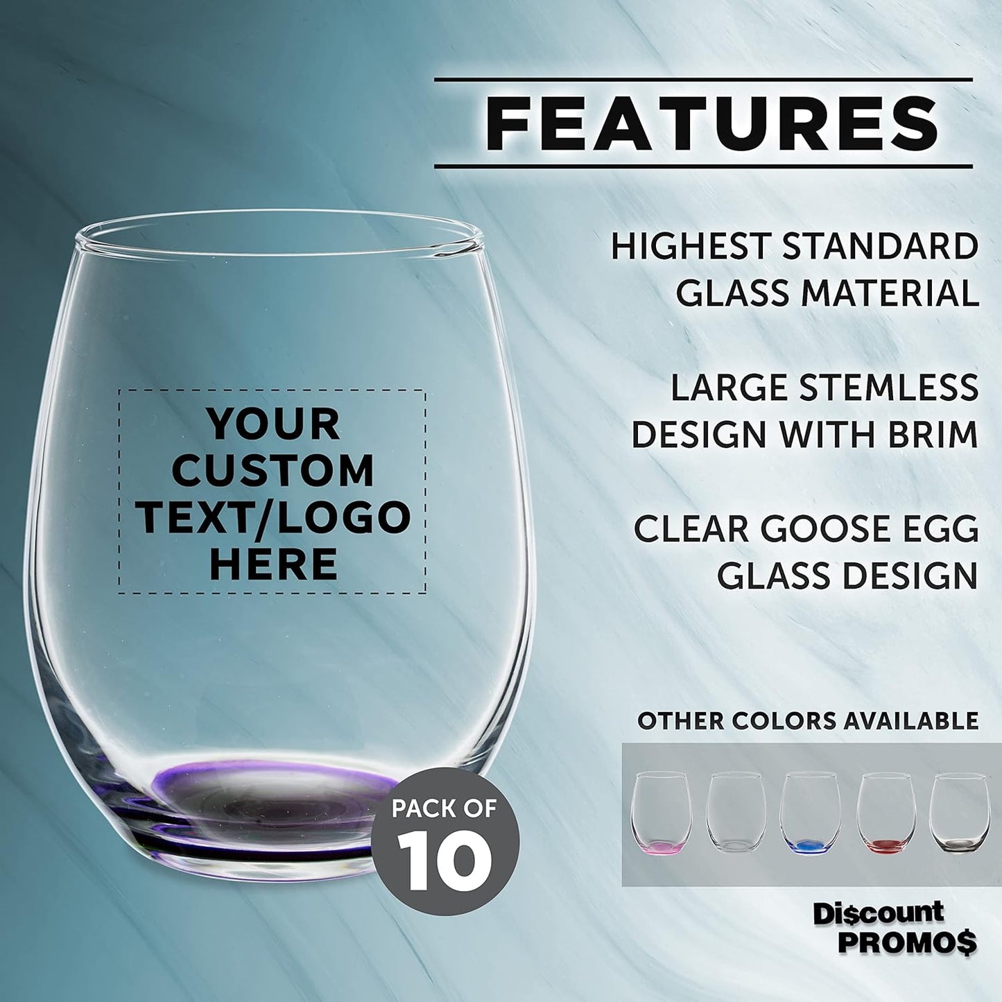 Custom Stemless Wine Glasses in Bulk by ARC Perfection, 15 oz, 10 pack, Personalized Text, Logo, Purple or White Wine Glass Set, Purple