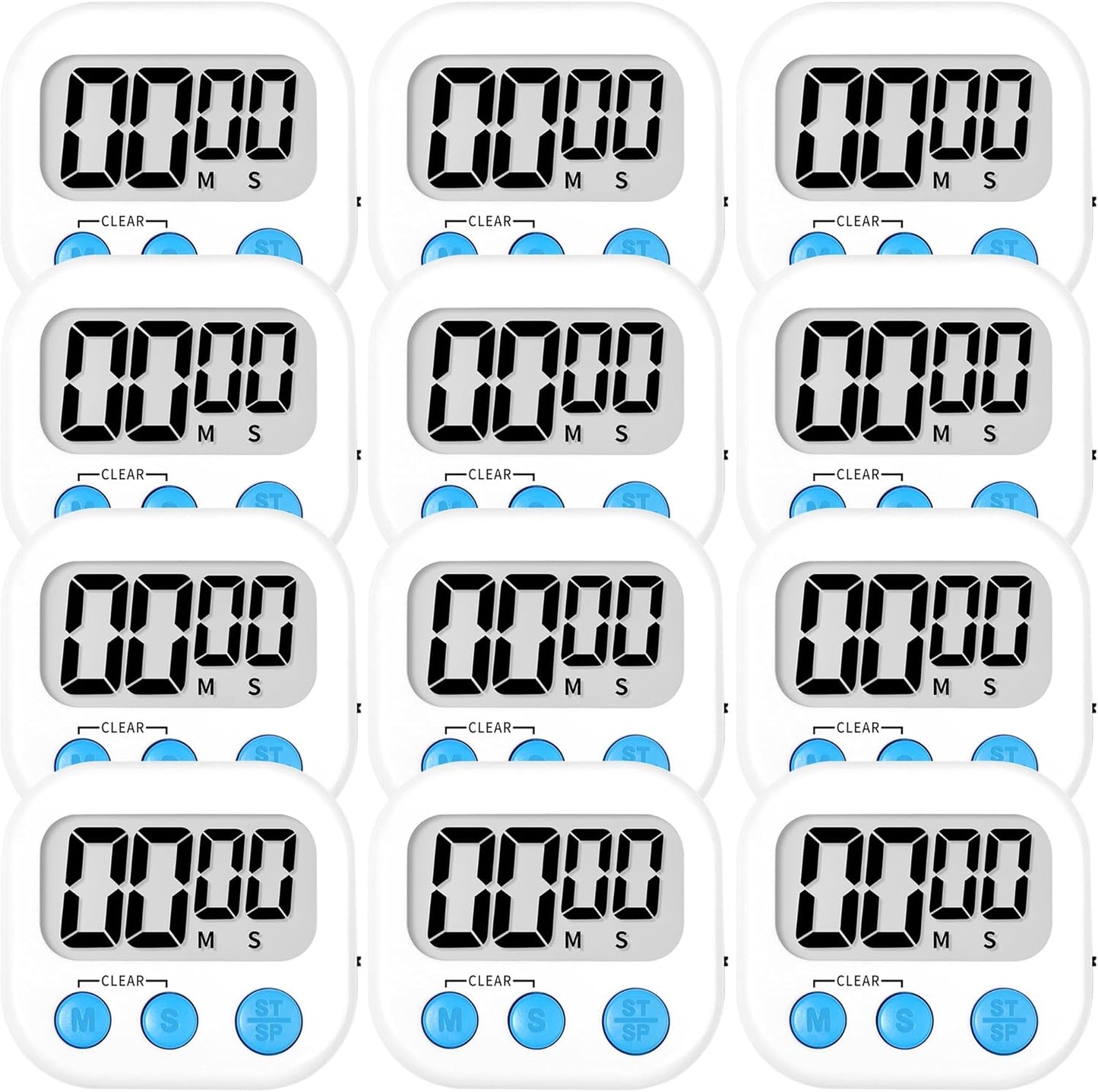 ZILLEEN Kitchen Timer Digital with Magnetic Back for Kids Classroom, White 12 Pack