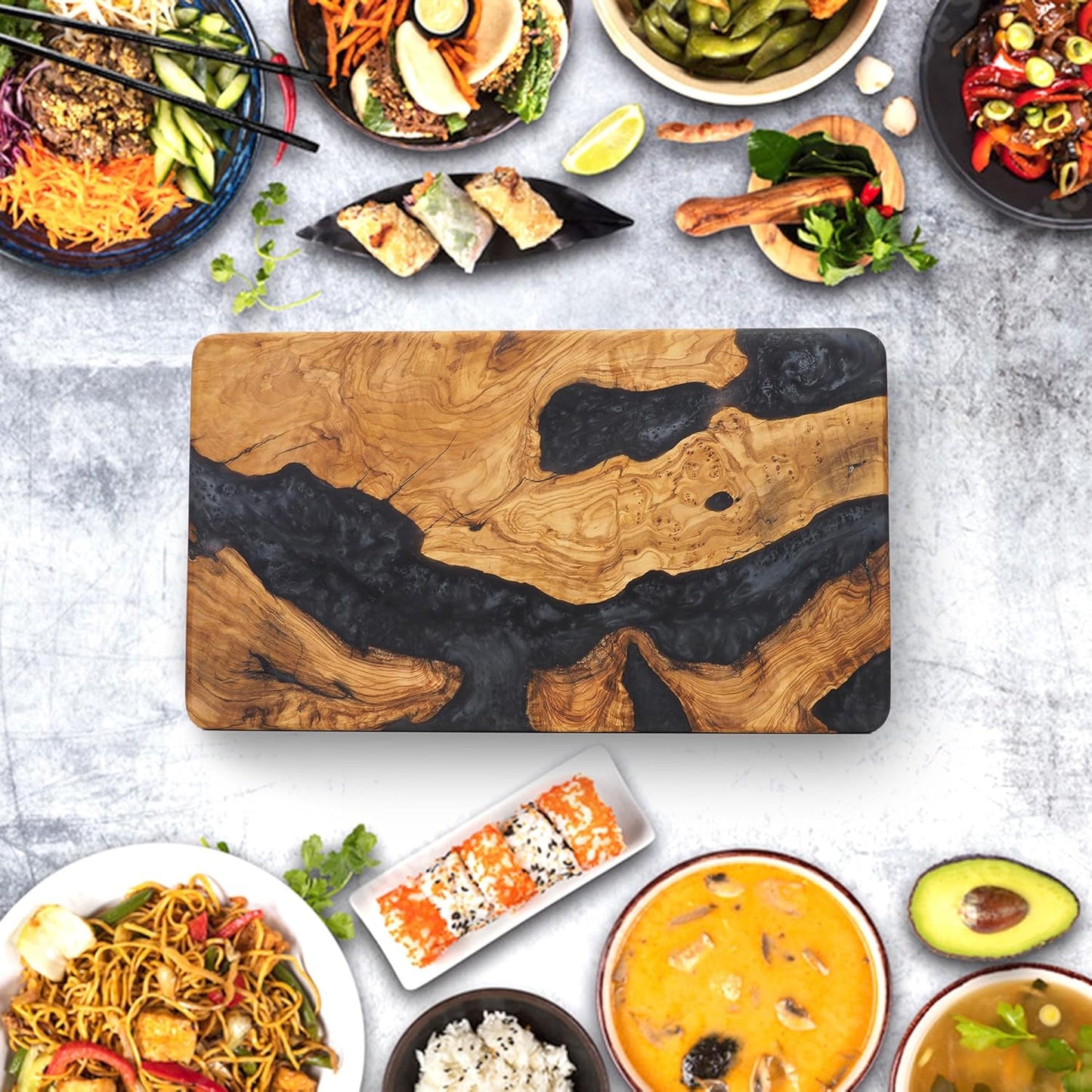 Handmade Epoxy Cutting Board & Charcuterie Board - Decorative, Olive Wood Boards for Serving Cheese, Fruit, Meat - Ideal for Kitchen, Unique Housewarming Gift - Black Resin