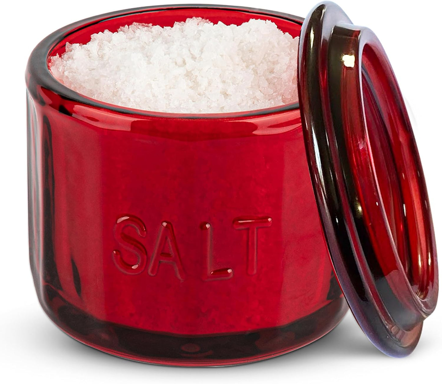 KooK Glass Salt Cellar, with Lid, Embossed Pressed Glass, Clear Storage Container, for Coffee, Sugar, Spices and Candies, 10 oz (Ruby Red)