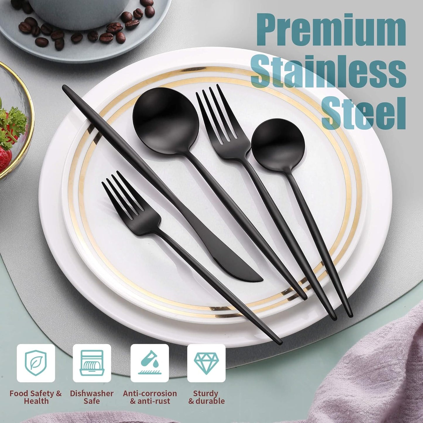 Matte Black Silverware Set for 6,Modern Stainless Steel Brushed Cutlery Set,30-Pieces Heavy Duty Flatware Set,Knives Spoons and Forks Set Utensils Set, Satin Finish, Dishwasher Safe