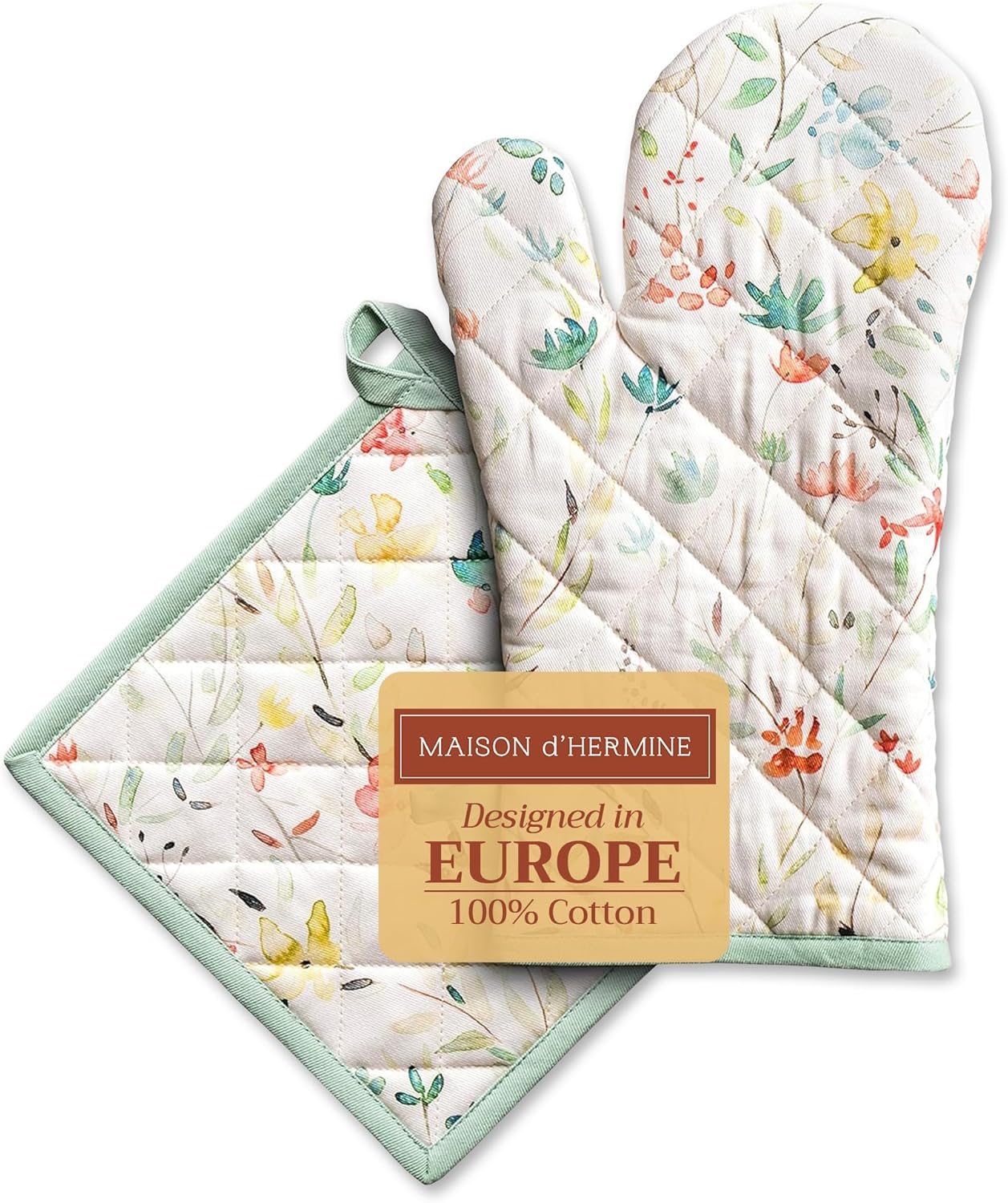Maison d' Hermine 100% Cotton Oven Mitt & Pot Holder Set (7.5"x13" & 8"x8") Heat Resistant BBQ Cooking Gloves with Loop, Baking, Grilling, Kitchen, Handling Hot Pans Spring/Summer (Colmar)